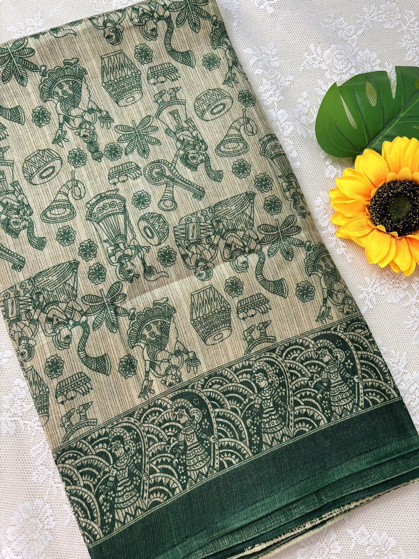 Green Malabar Silk Saree with Warli Print Body and Marble pattern Border and pallu