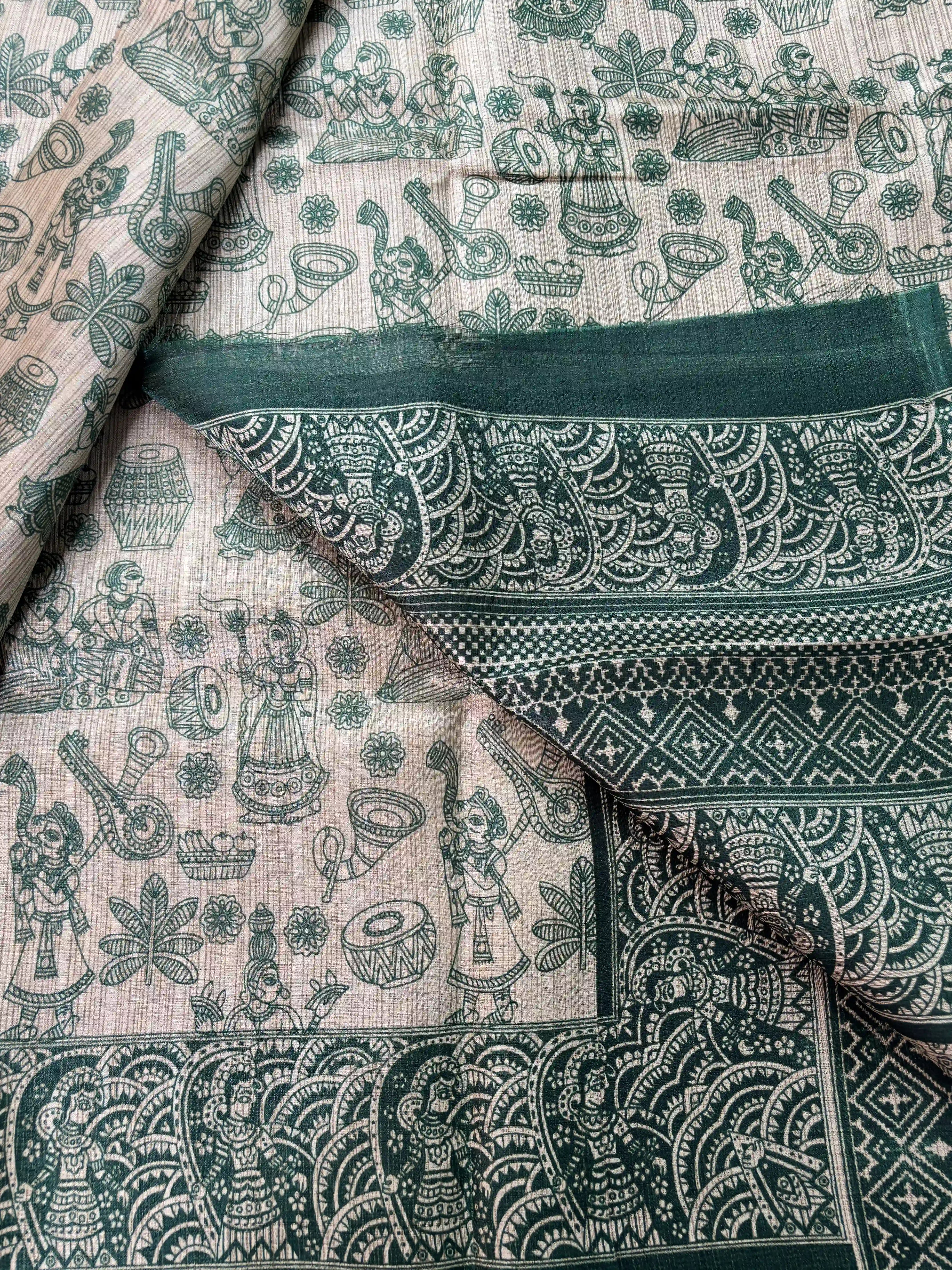 Green Malabar Silk Saree with Warli Print Body and Marble pattern Border and pallu