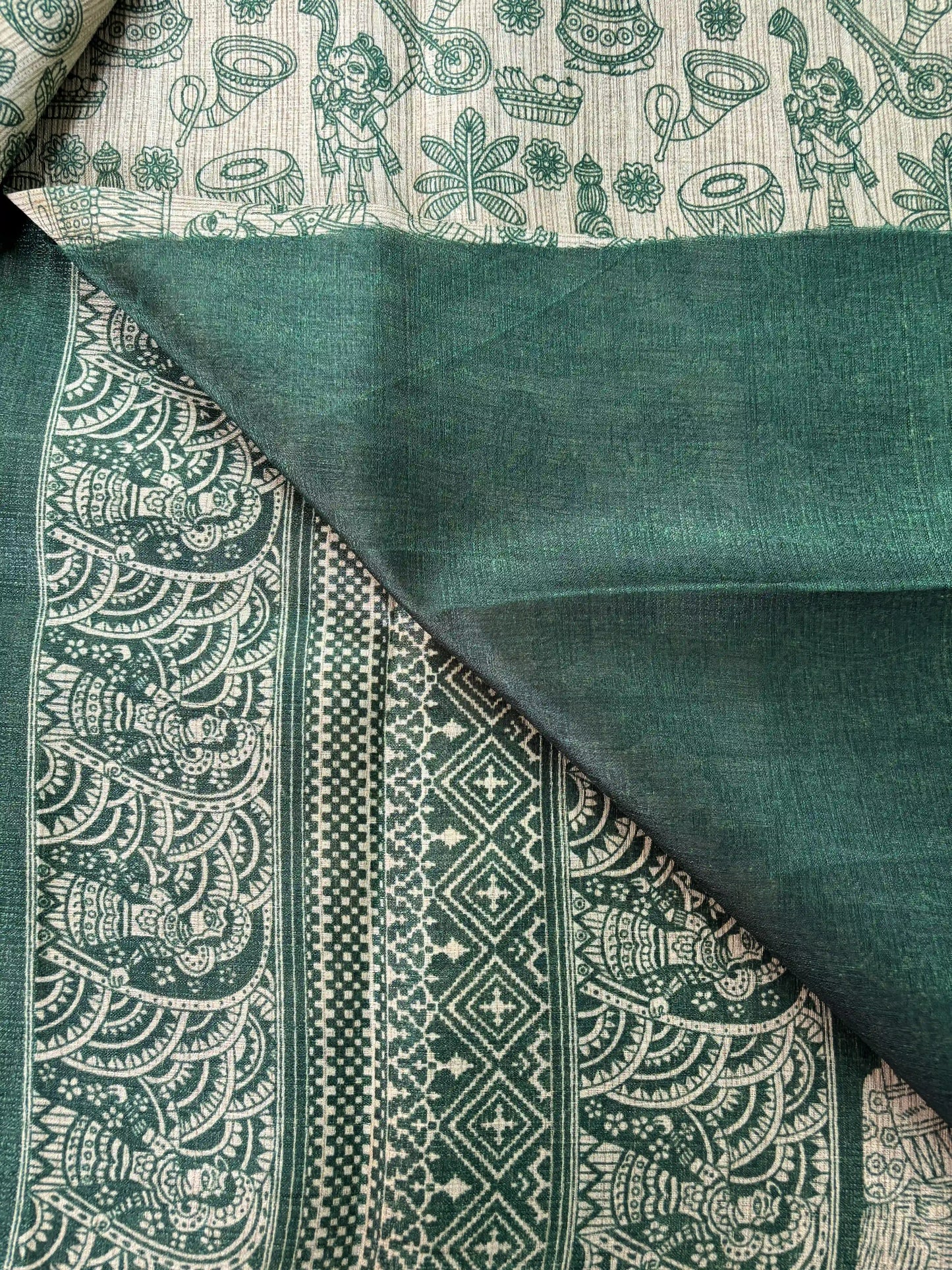 Green Malabar Silk Saree with Warli Print Body and Marble pattern Border and pallu
