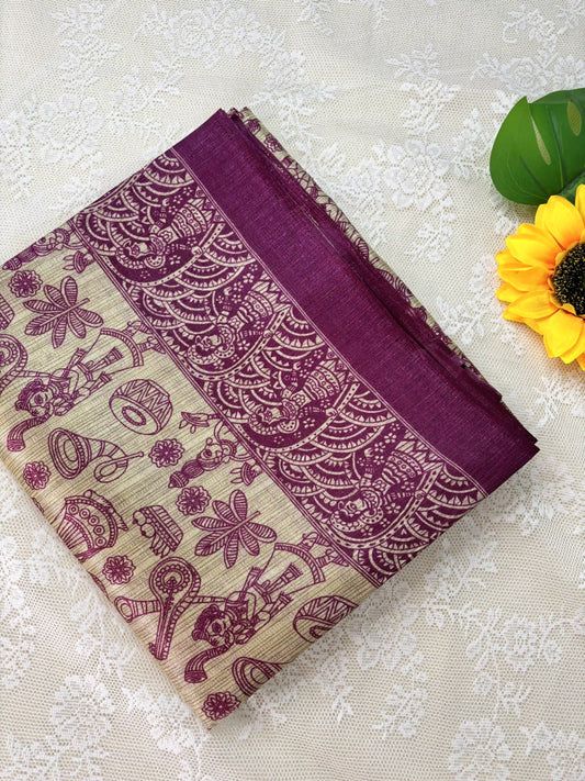 Pink Malabar Silk Saree with Warli Print Body and Marble pattern Border and pallu