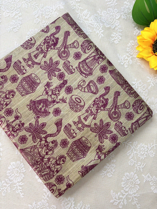 Pink Malabar Silk Saree with Warli Print Body and Marble pattern Border and pallu