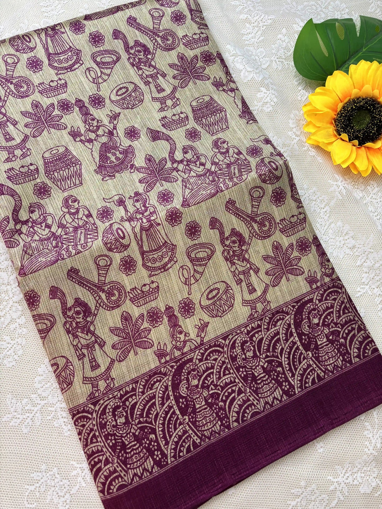 Pink Malabar Silk Saree with Warli Print Body and Marble pattern Border and pallu