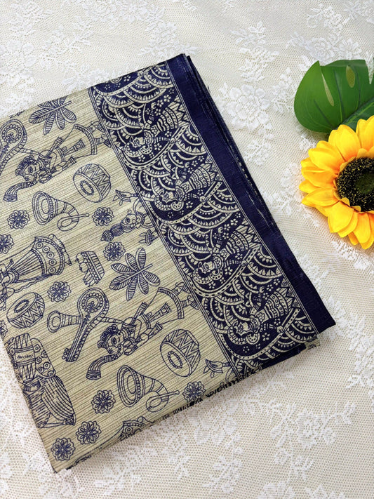 Blue Malabar Silk Saree with Warli Print Body and Marble pattern Border and pallu
