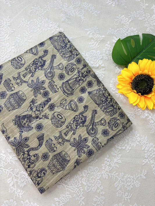 Blue Malabar Silk Saree with Warli Print Body and Marble pattern Border and pallu