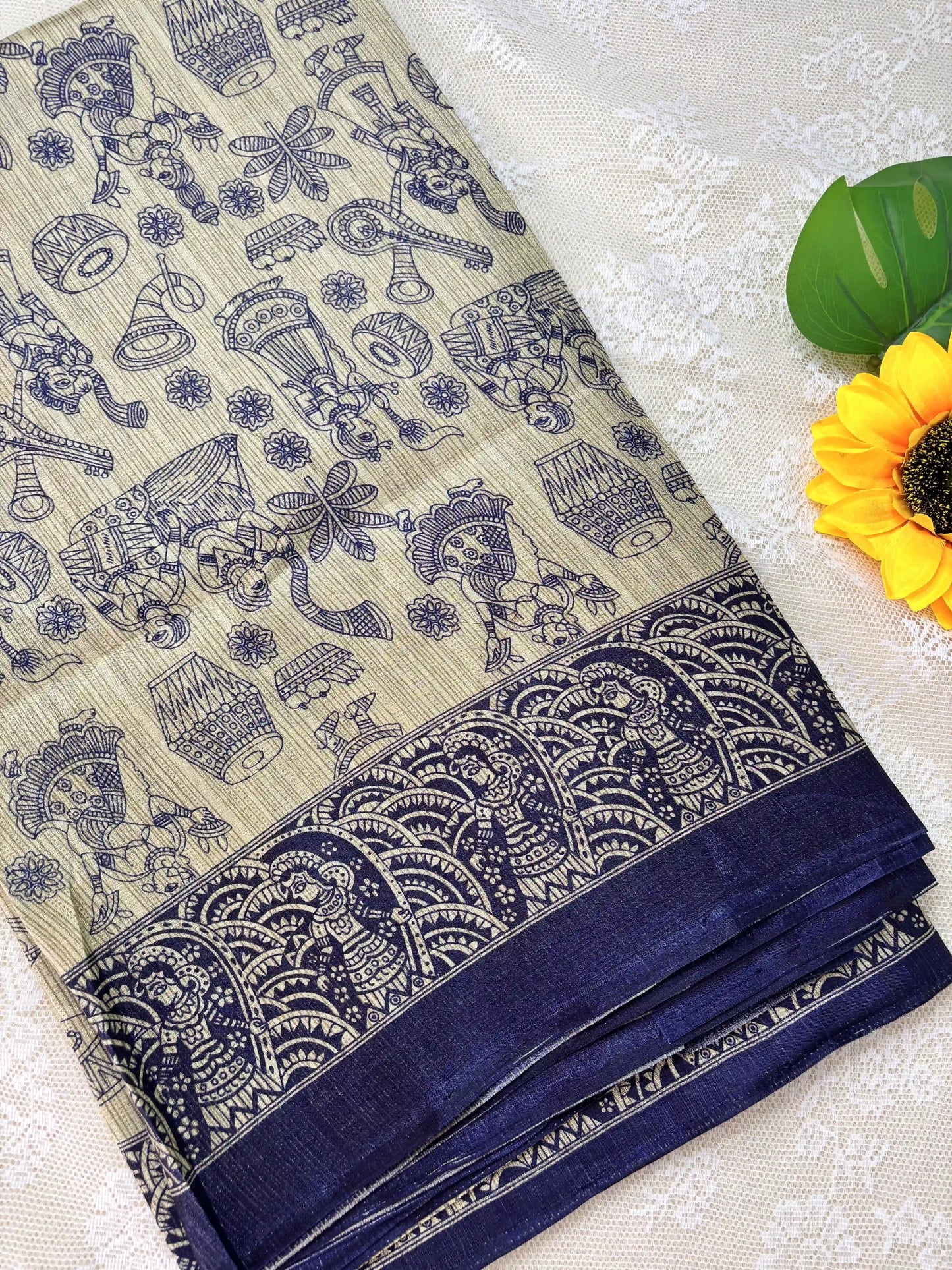 Blue Malabar Silk Saree with Warli Print Body and Marble pattern Border and pallu