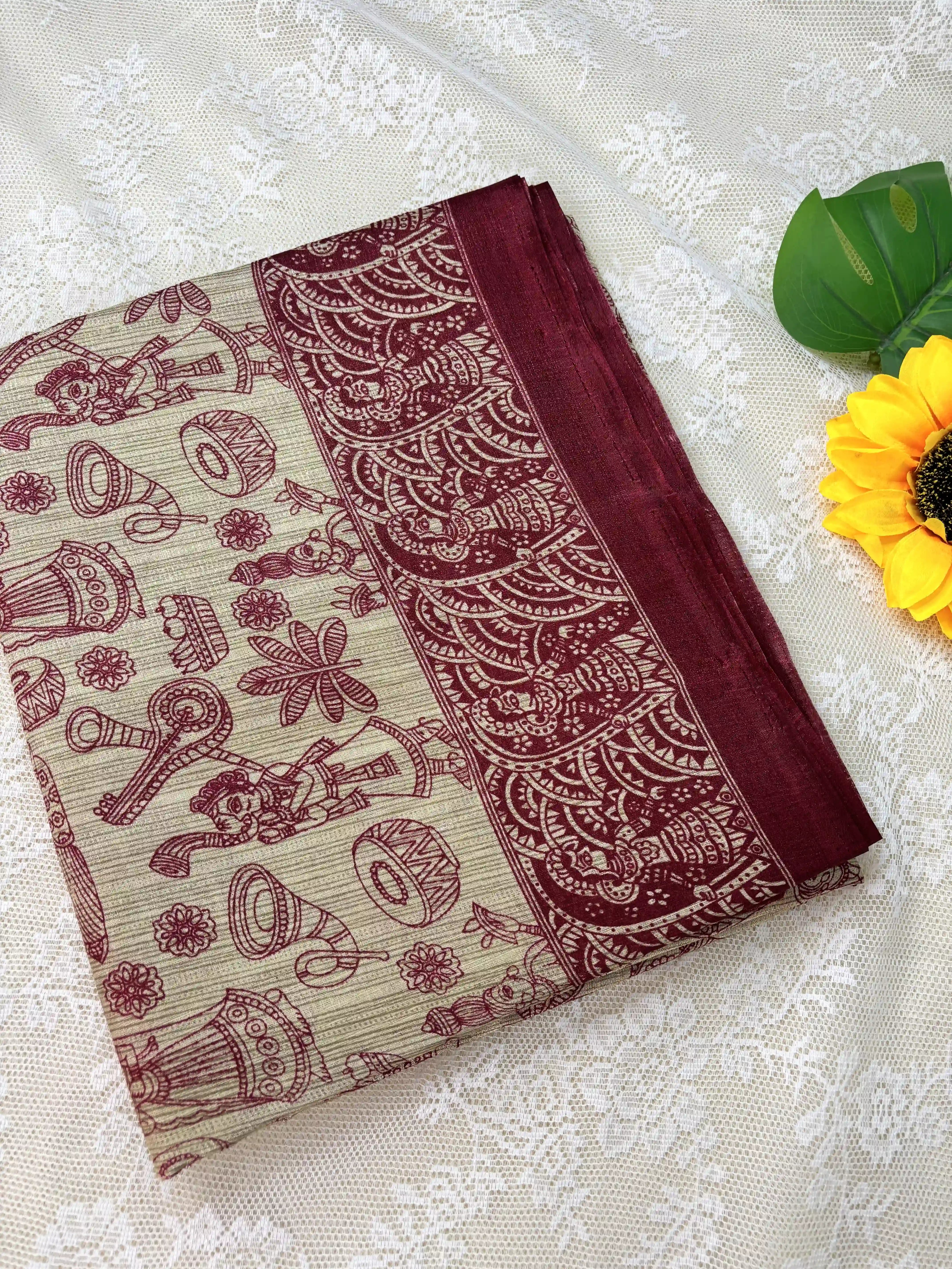 Red Malabar Silk Saree with Warli Print Body and Marble pattern Border and pallu