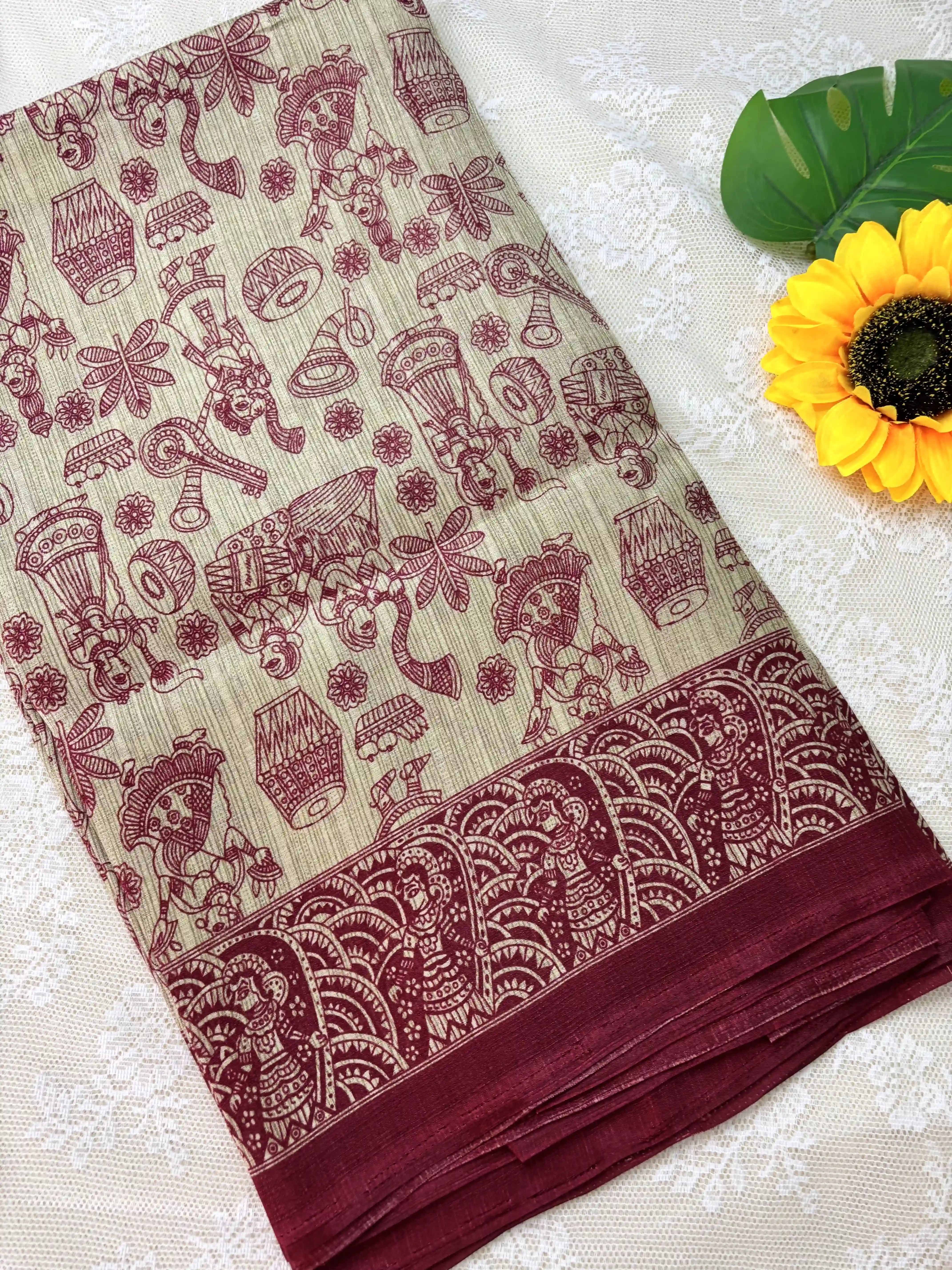 Red Malabar Silk Saree with Warli Print Body and Marble pattern Border and pallu