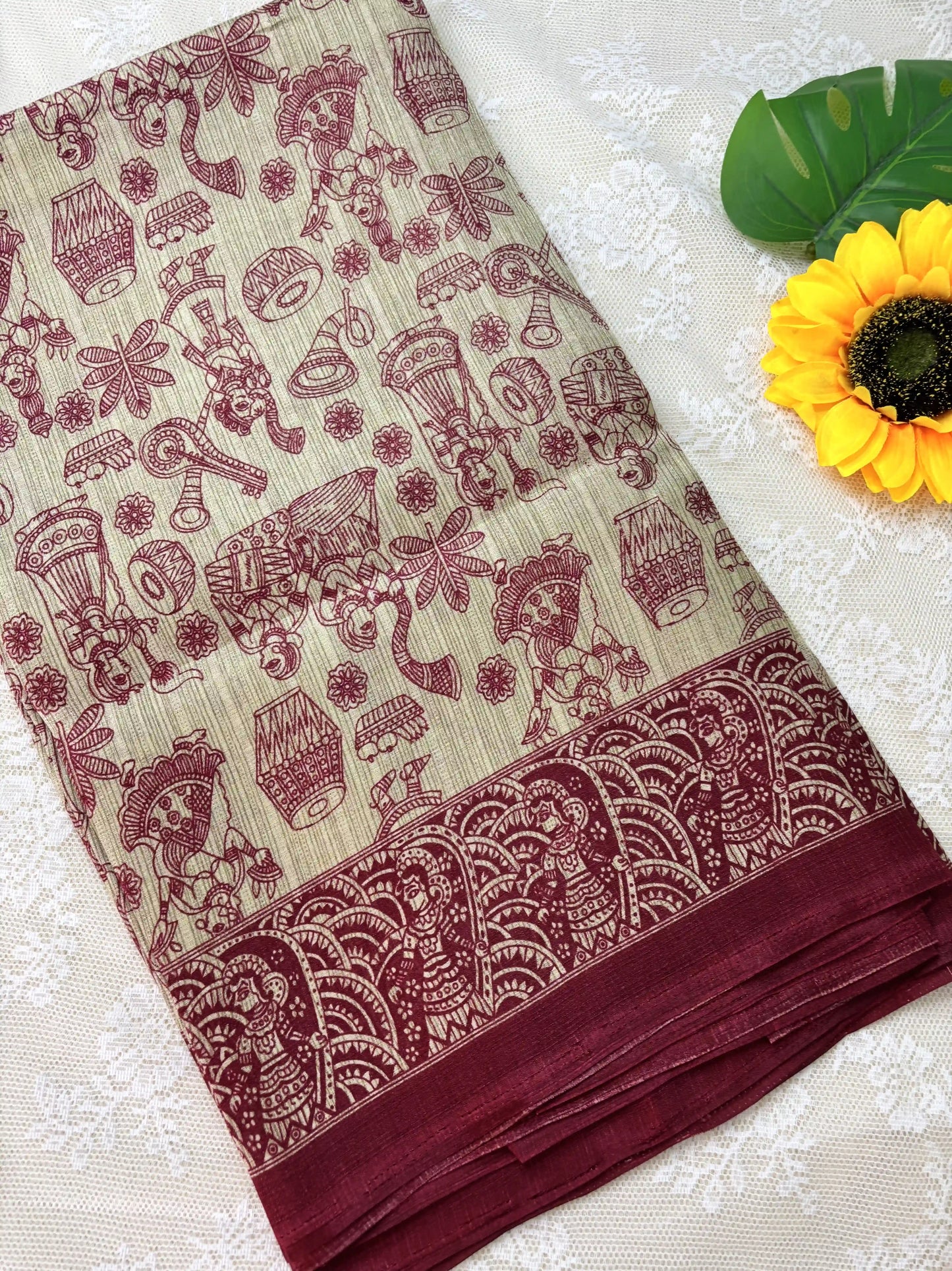 Red Malabar Silk Saree with Warli Print Body and Marble pattern Border and pallu