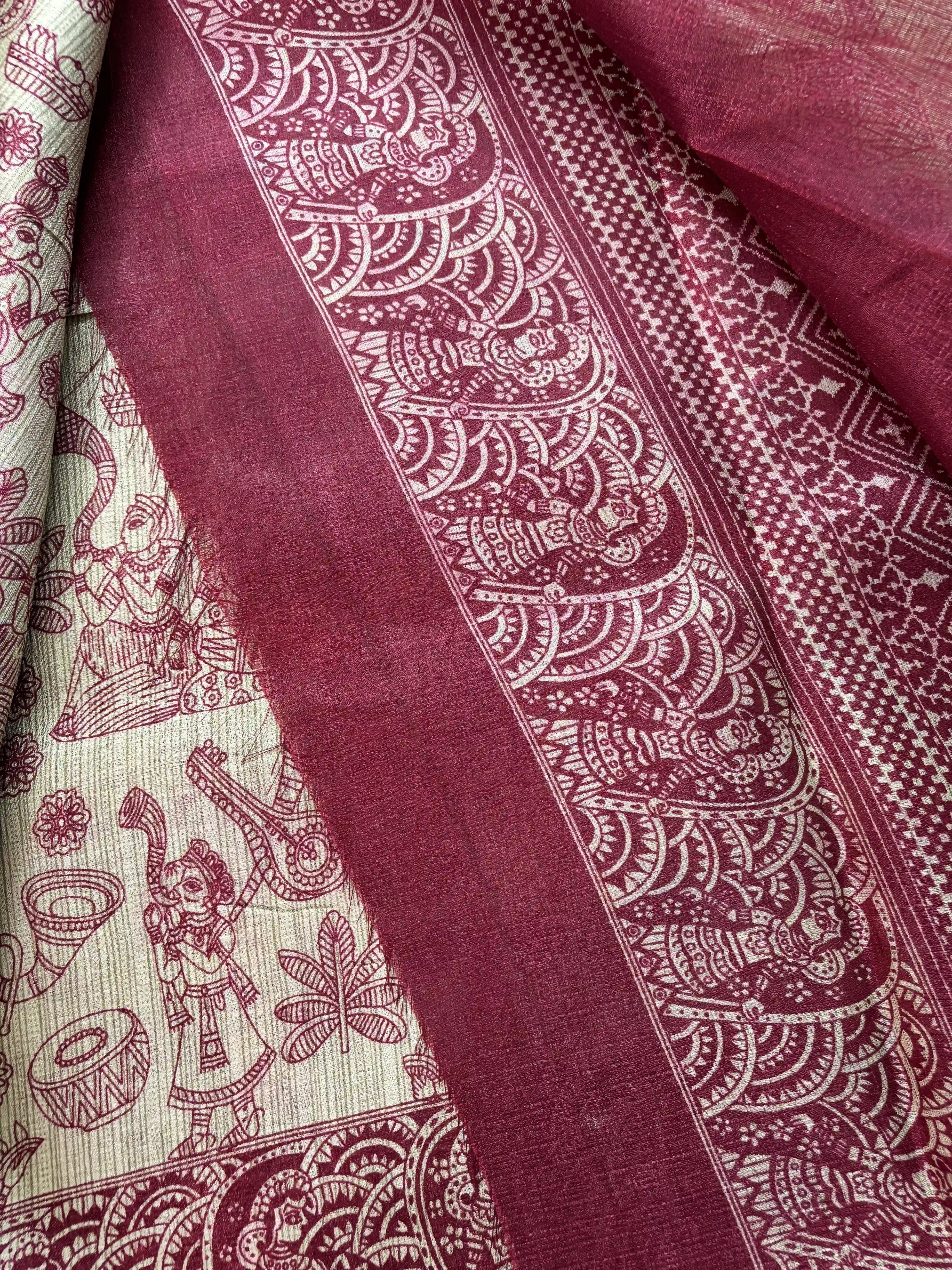 Red Malabar Silk Saree with Warli Print Body and Marble pattern Border and pallu