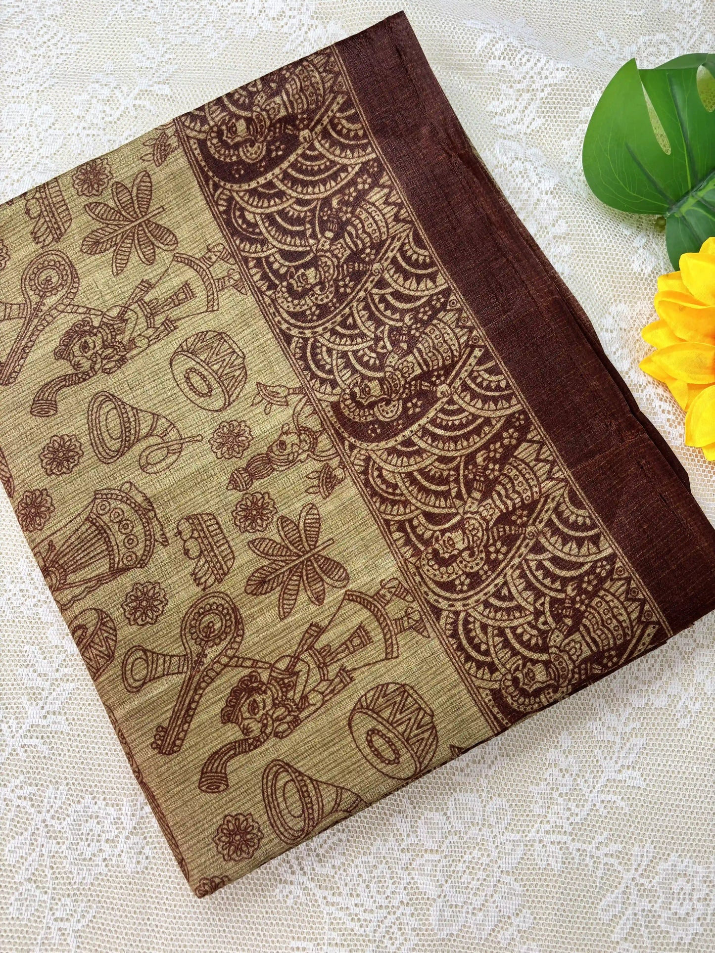 Brown Malabar Silk Saree with Warli Print Body and Marble pattern Border and pallu
