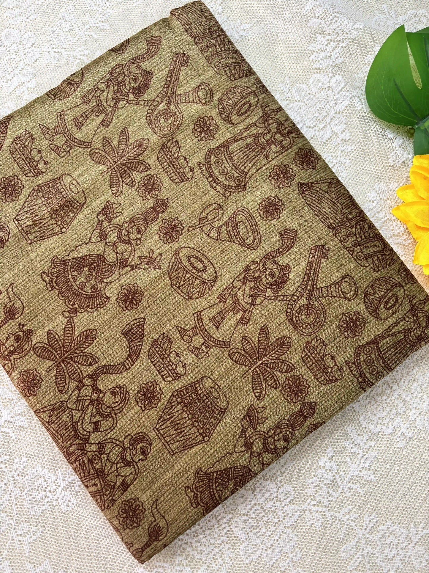 Brown Malabar Silk Saree with Warli Print Body and Marble pattern Border and pallu