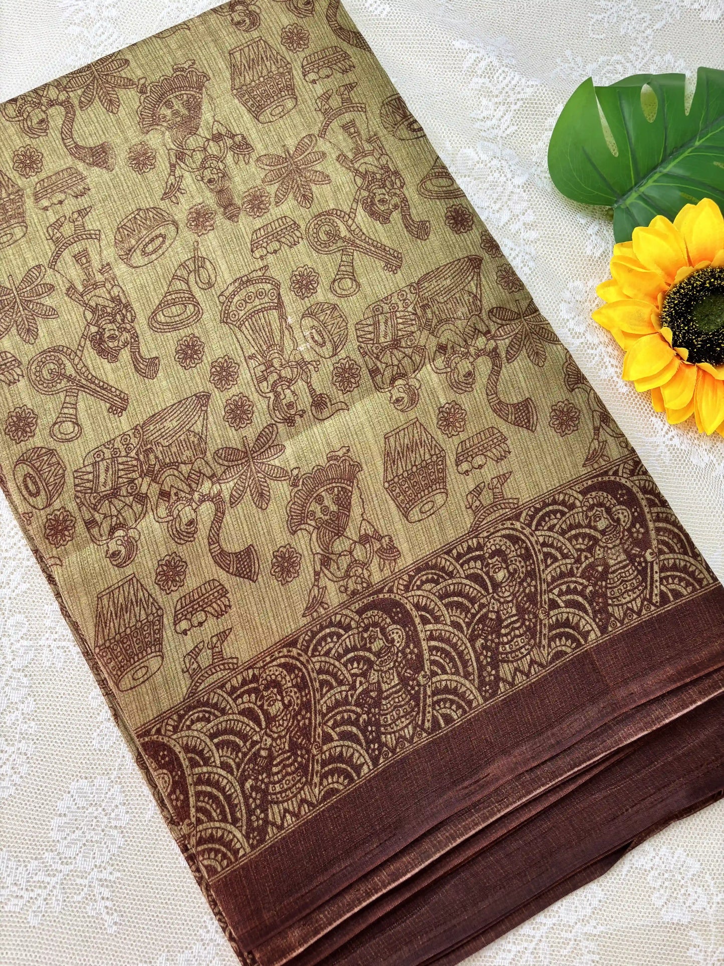 Brown Malabar Silk Saree with Warli Print Body and Marble pattern Border and pallu