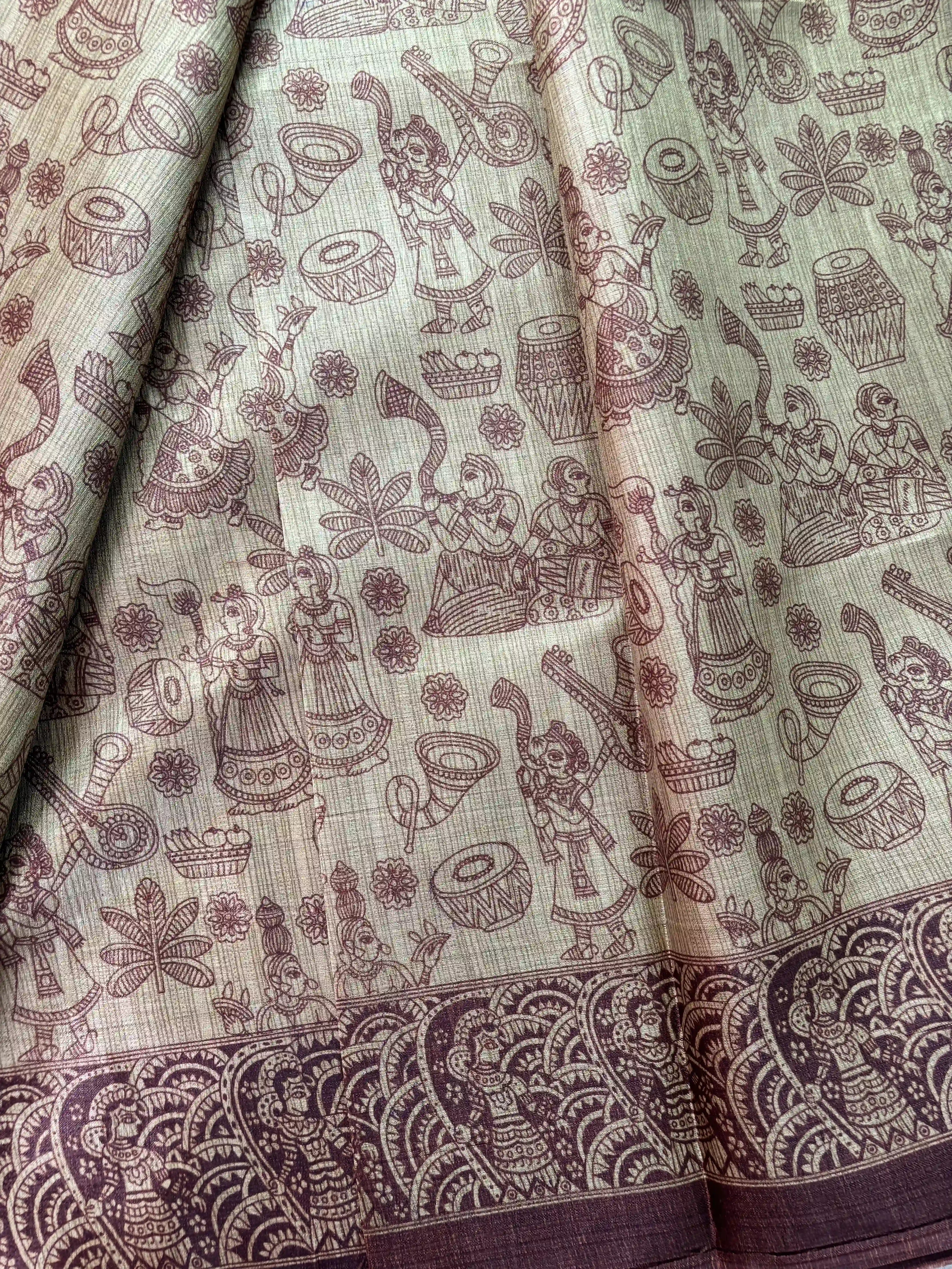 Brown Malabar Silk Saree with Warli Print Body and Marble pattern Border and pallu
