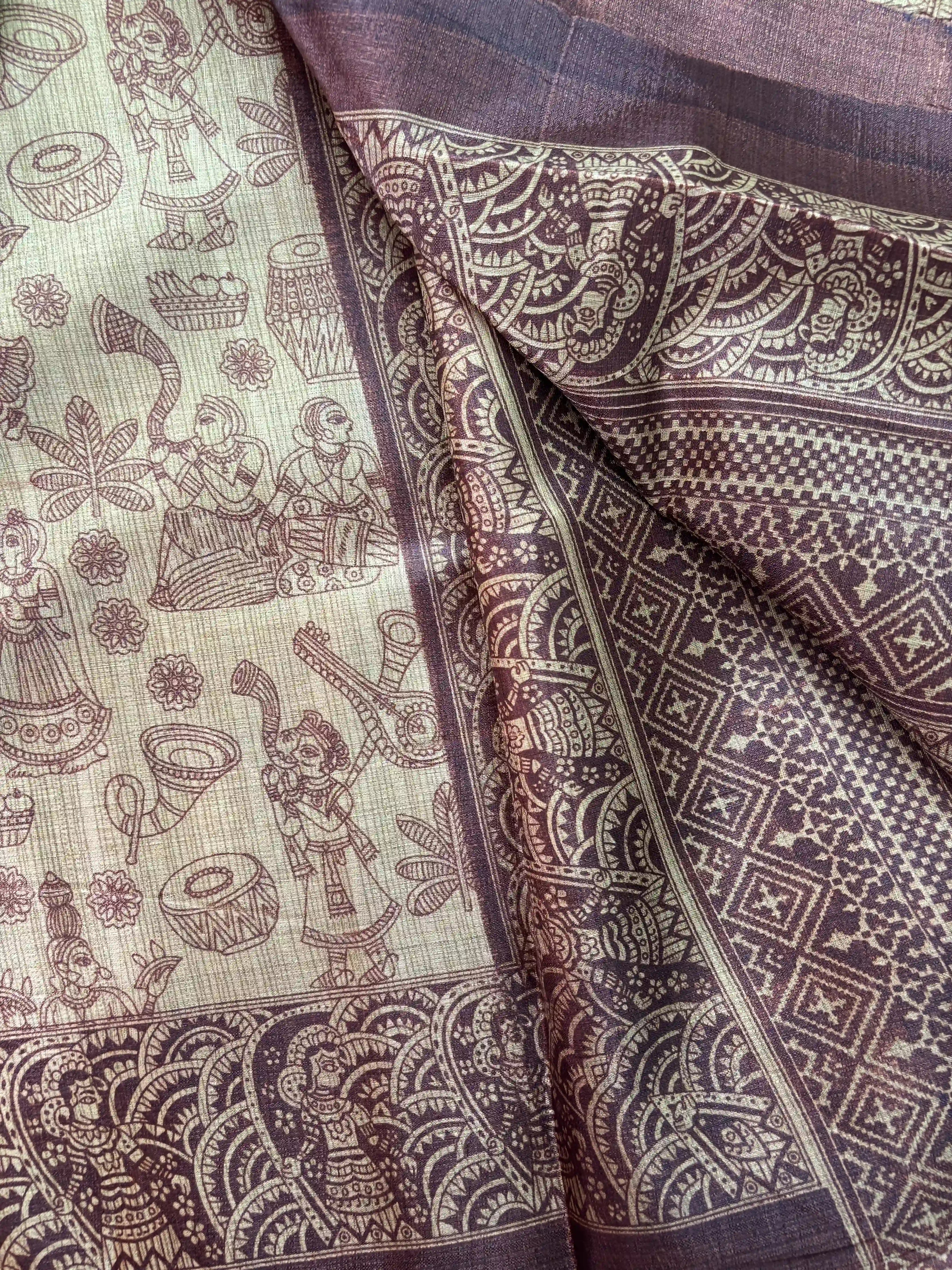 Brown Malabar Silk Saree with Warli Print Body and Marble pattern Border and pallu