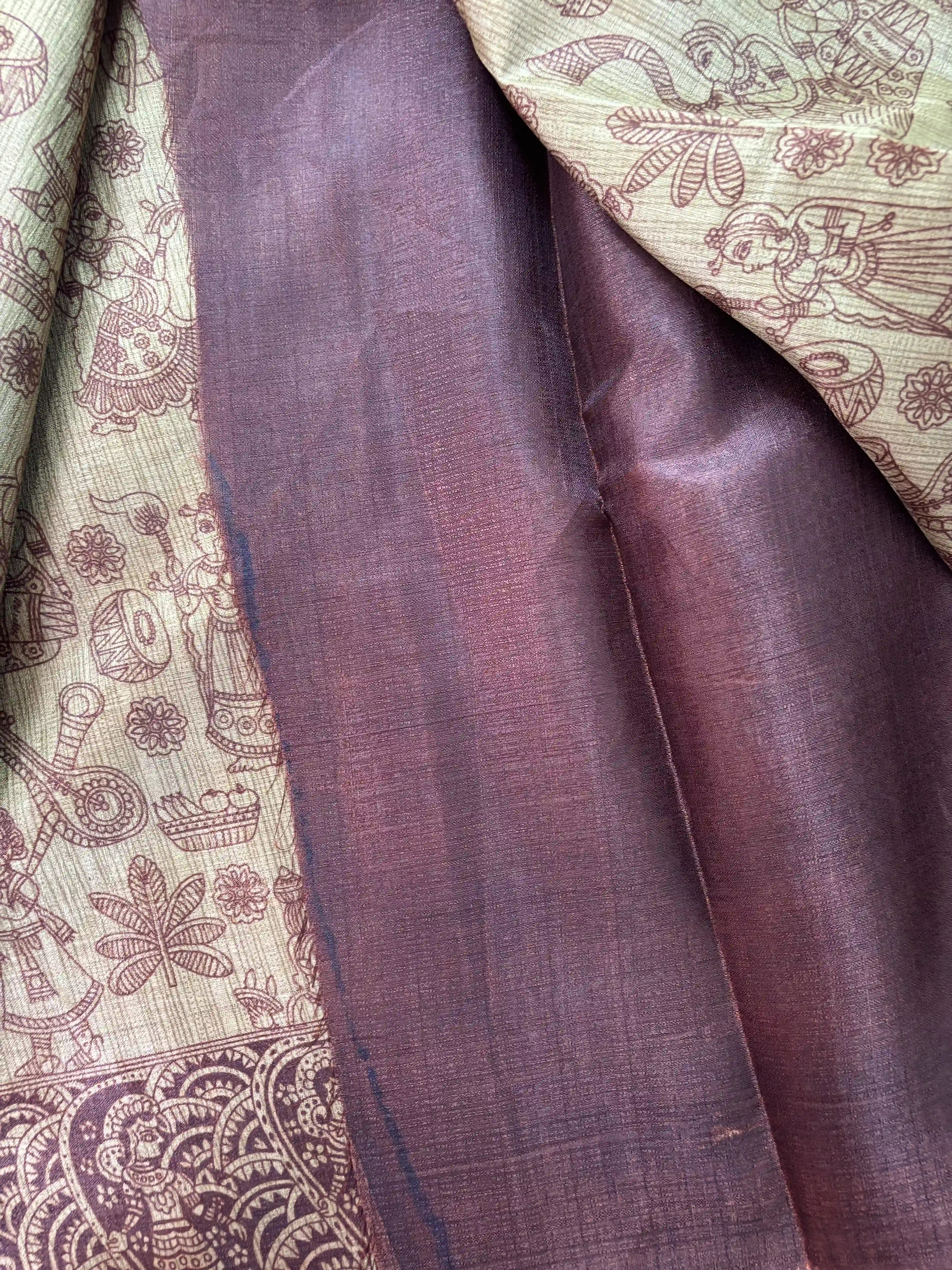 Brown Malabar Silk Saree with Warli Print Body and Marble pattern Border and pallu