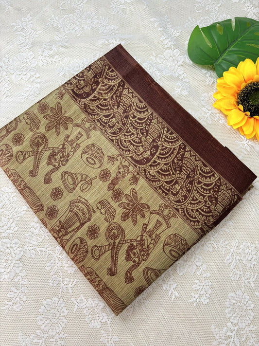 Brown Malabar Silk Saree with Warli Print Body and Marble pattern Border and pallu