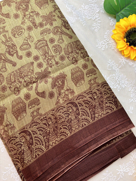 Brown Malabar Silk Saree with Warli Print Body and Marble pattern Border and pallu