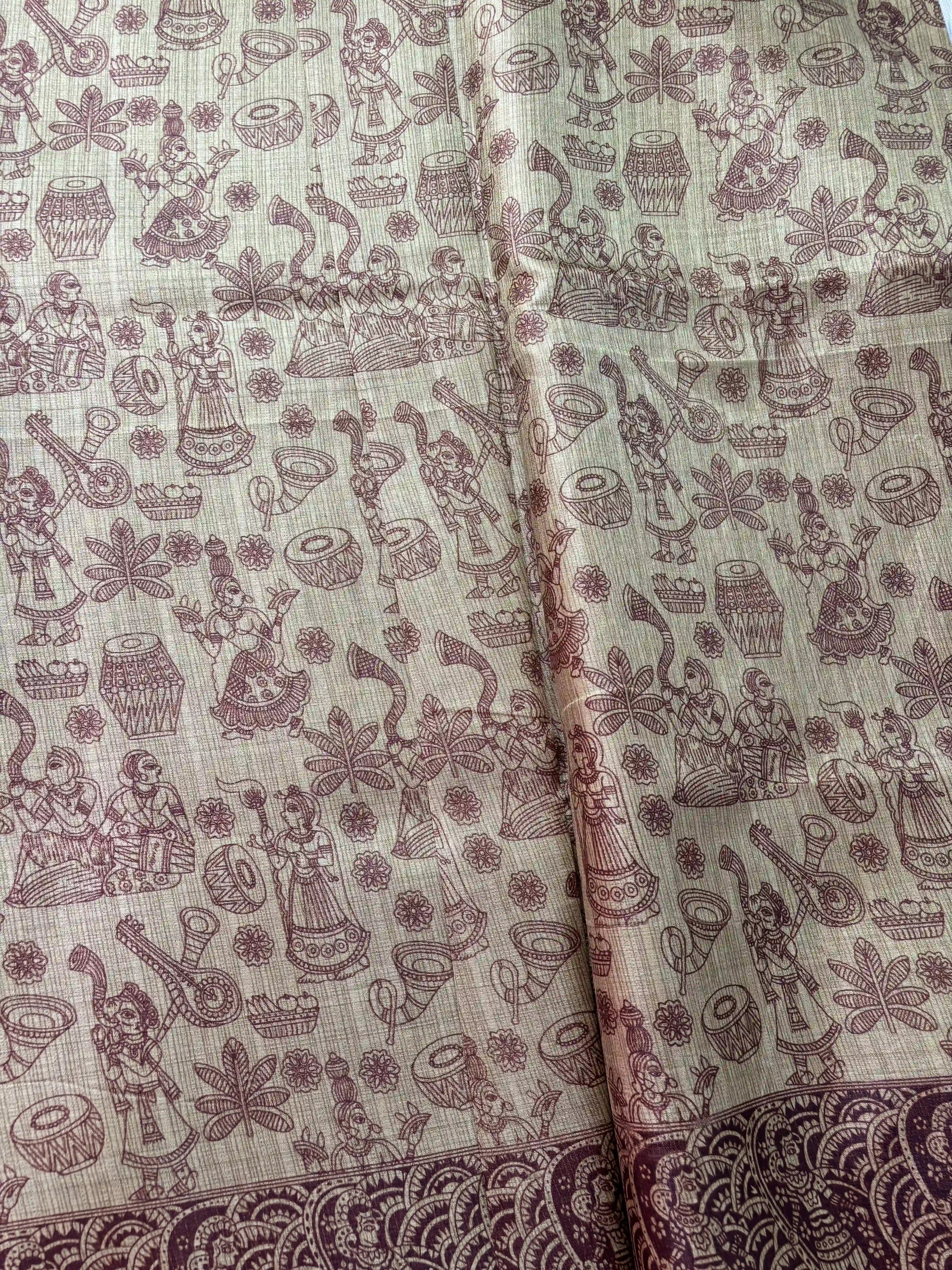 Brown Malabar Silk Saree with Warli Print Body and Marble pattern Border and pallu