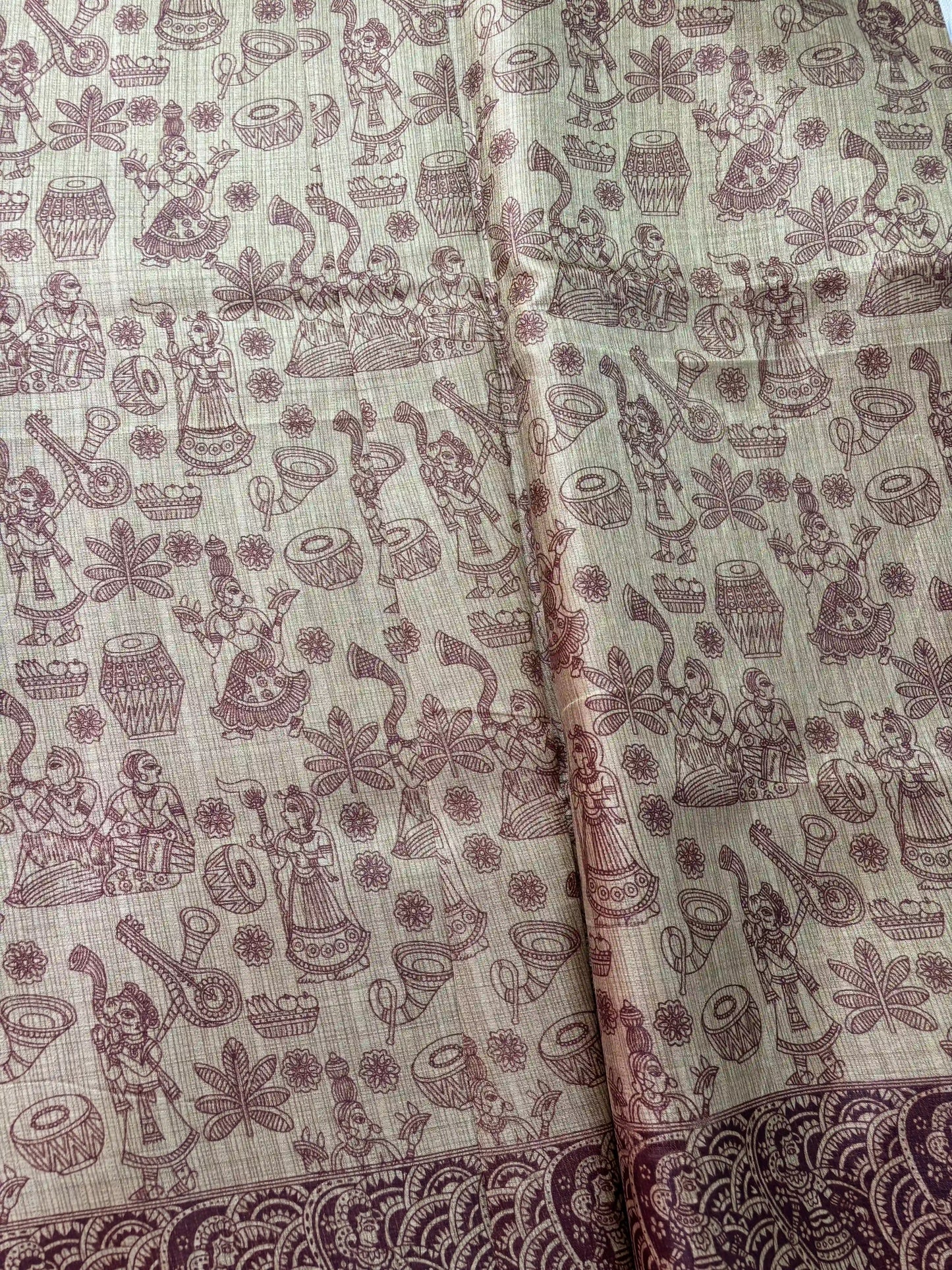Brown Malabar Silk Saree with Warli Print Body and Marble pattern Border and pallu