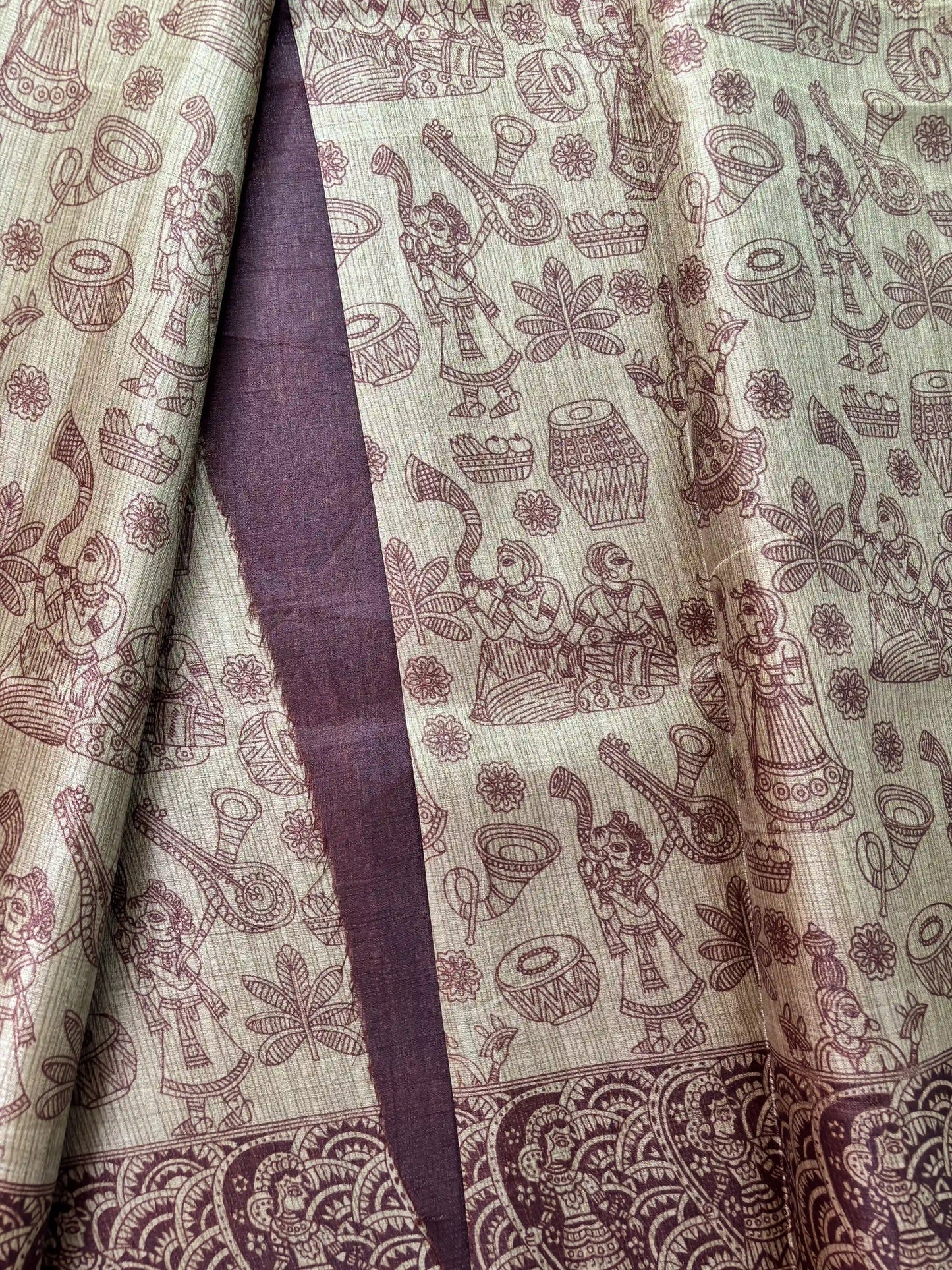 Brown Malabar Silk Saree with Warli Print Body and Marble pattern Border and pallu