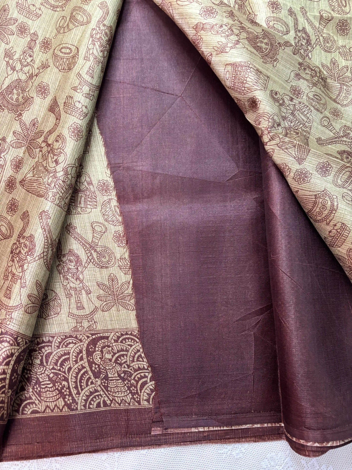 Brown Malabar Silk Saree with Warli Print Body and Marble pattern Border and pallu
