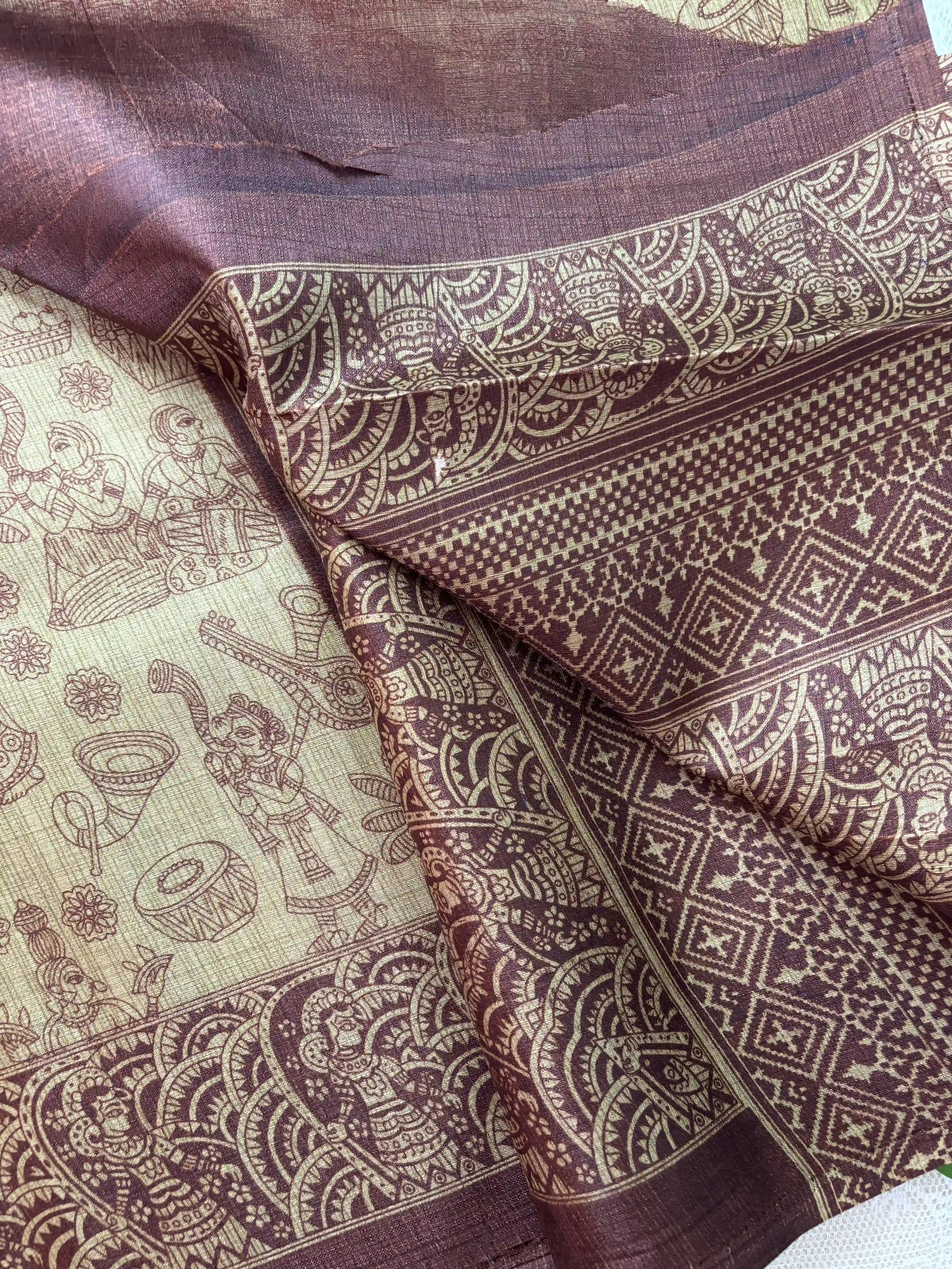 Brown Malabar Silk Saree with Warli Print Body and Marble pattern Border and pallu