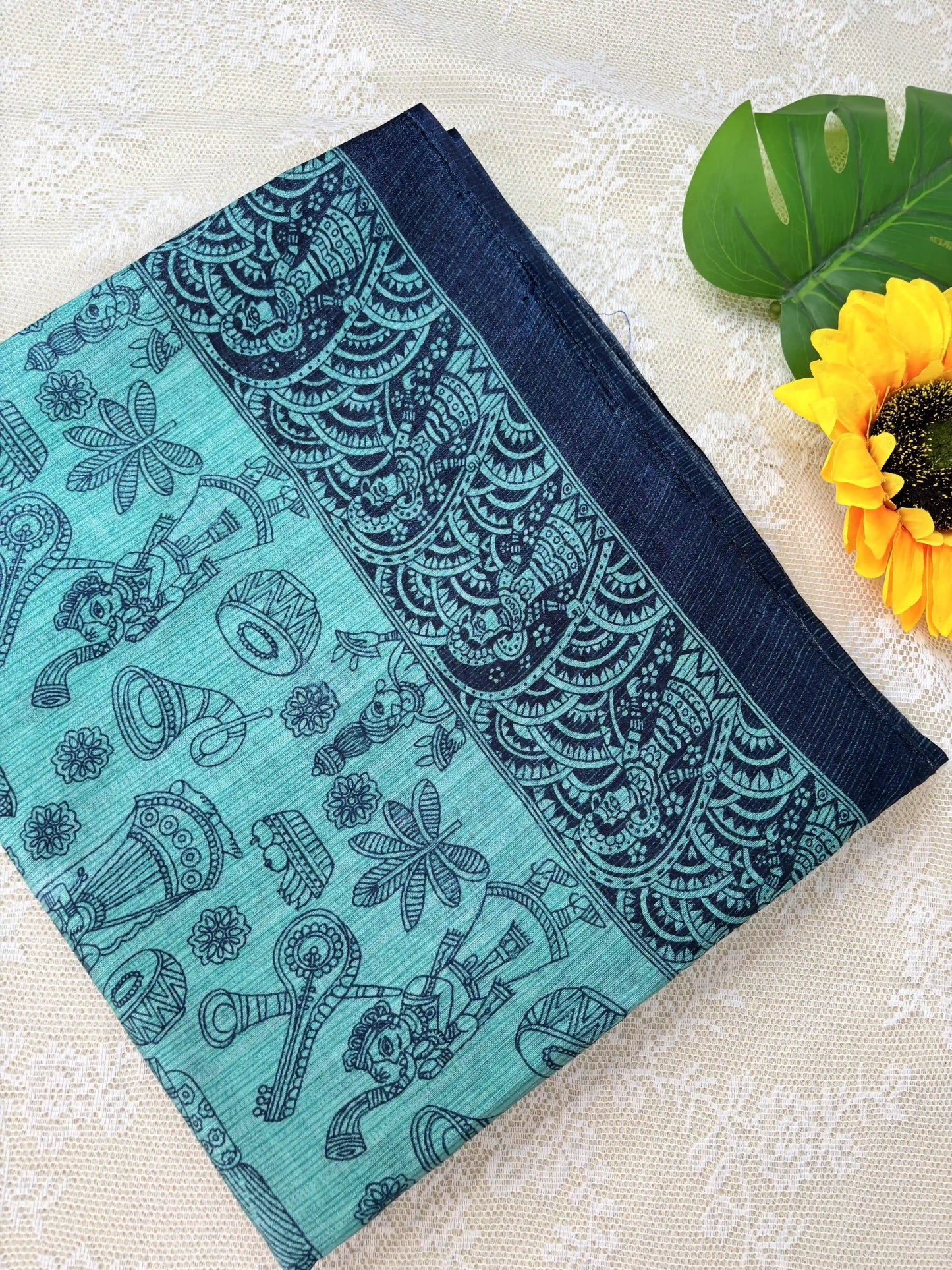 Emerald Green Malabar Silk Saree with Warli Print Body and Marble pattern Border and pallu