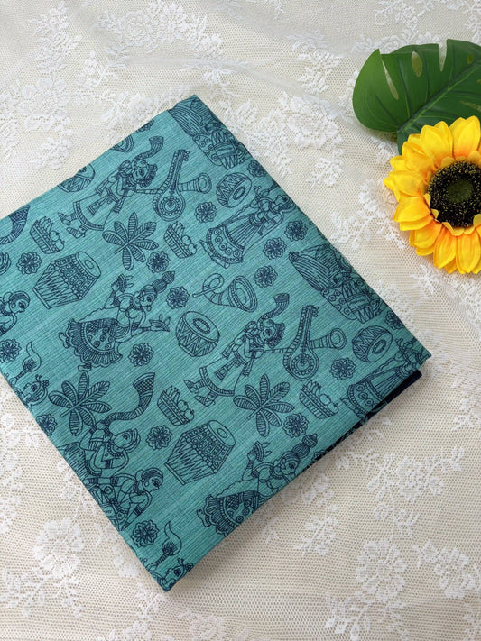 Emerald Green Malabar Silk Saree with Warli Print Body and Marble pattern Border and pallu