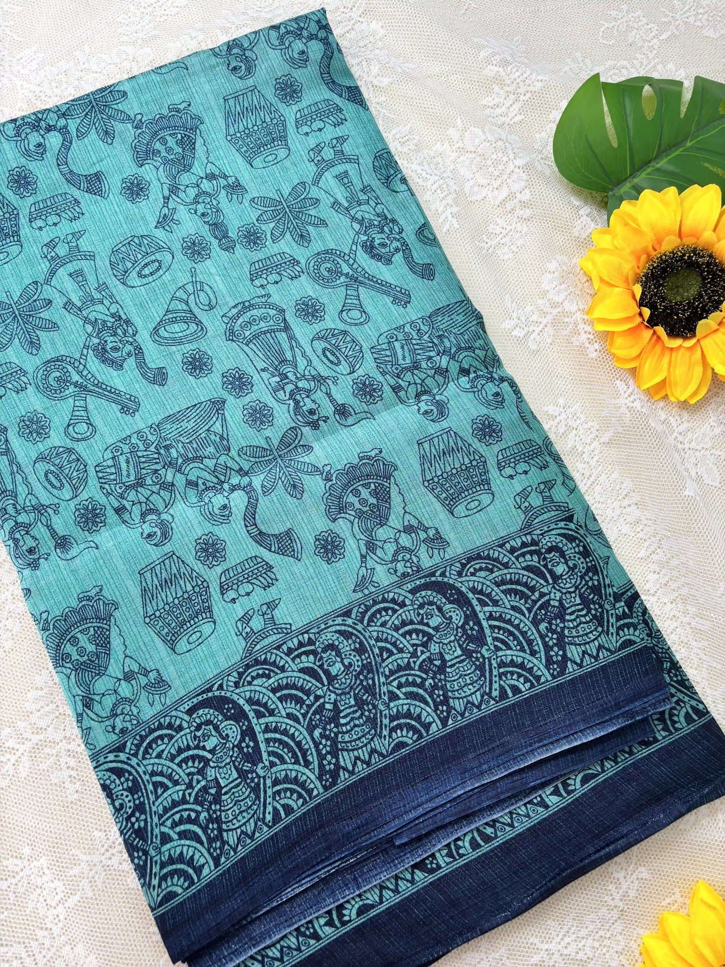 Emerald Green Malabar Silk Saree with Warli Print Body and Marble pattern Border and pallu