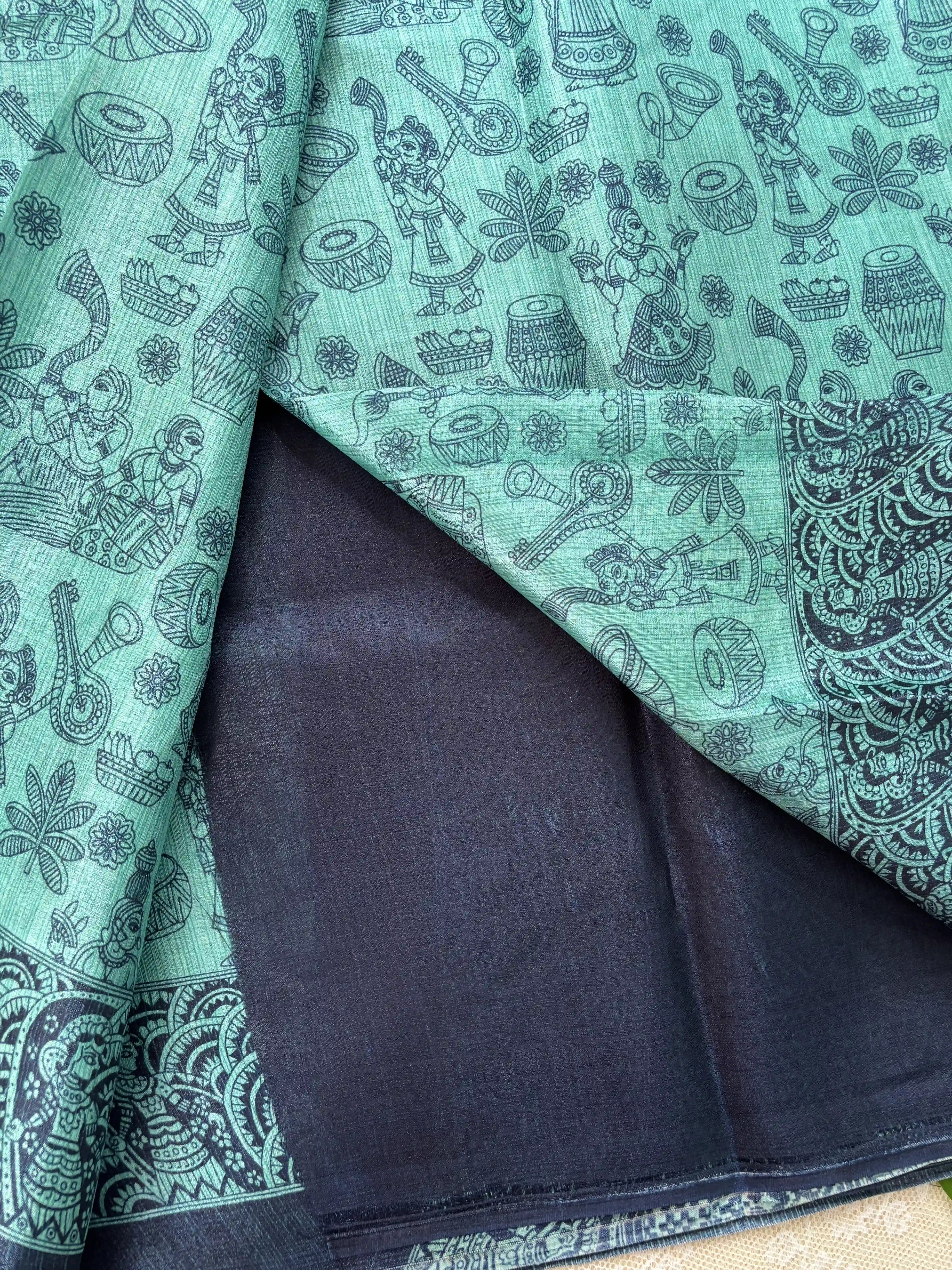 Emerald Green Malabar Silk Saree with Warli Print Body and Marble pattern Border and pallu