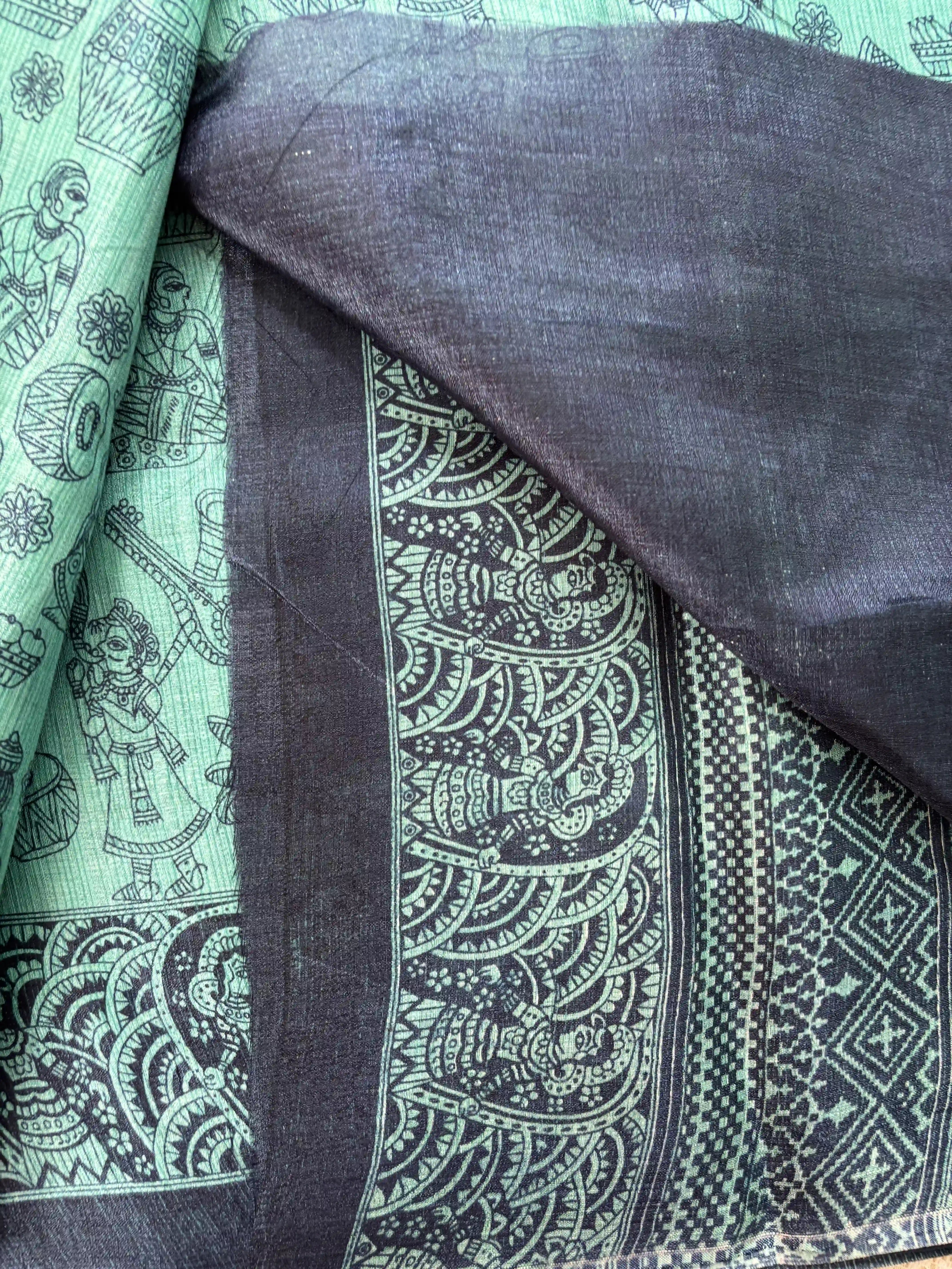 Emerald Green Malabar Silk Saree with Warli Print Body and Marble pattern Border and pallu