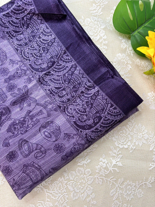 Purple Malabar Silk Saree with Warli Print Body and Marble pattern Border and pallu