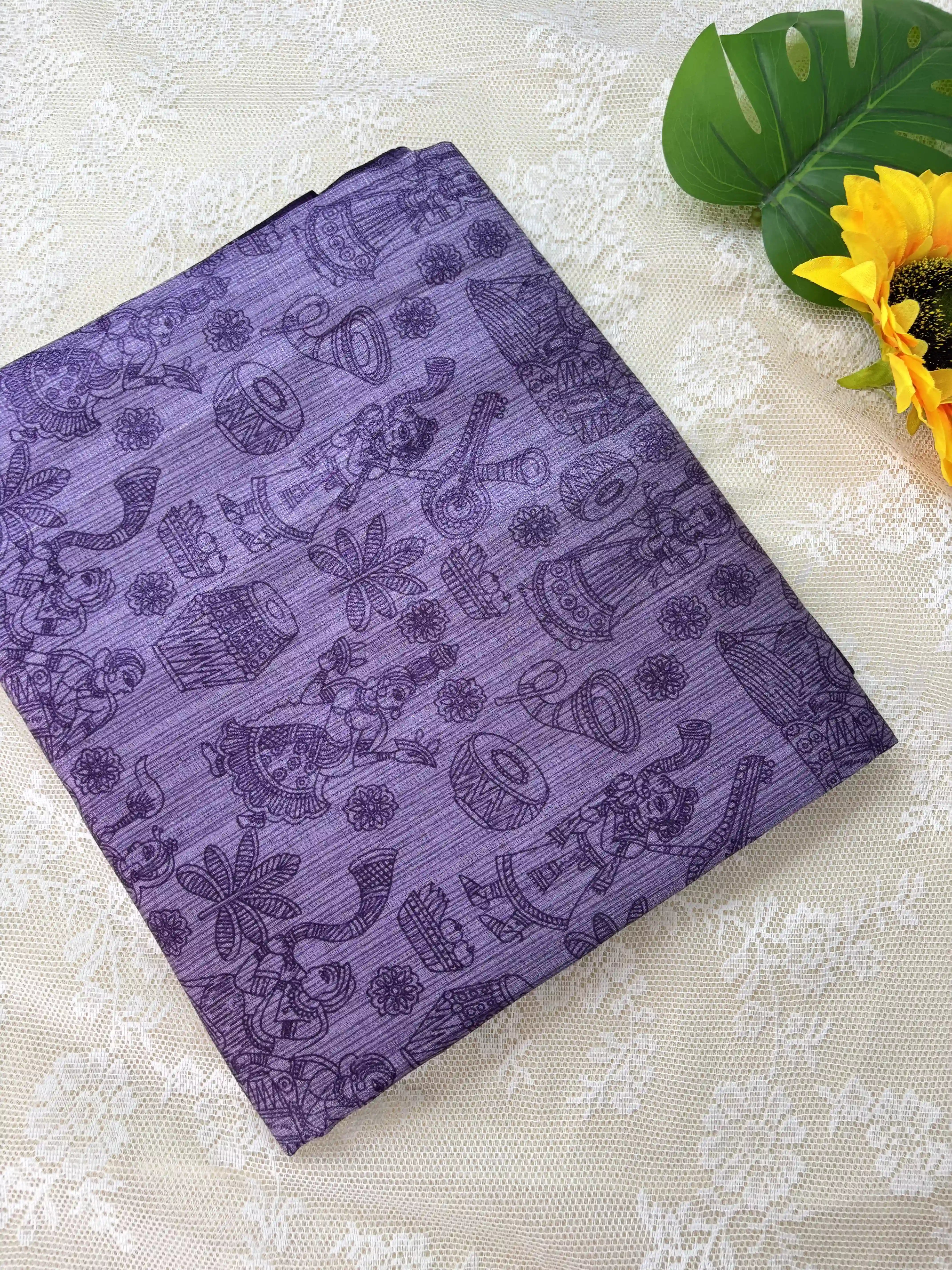 Purple Malabar Silk Saree with Warli Print Body and Marble pattern Border and pallu