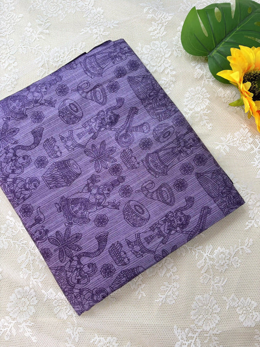 Purple Malabar Silk Saree with Warli Print Body and Marble pattern Border and pallu