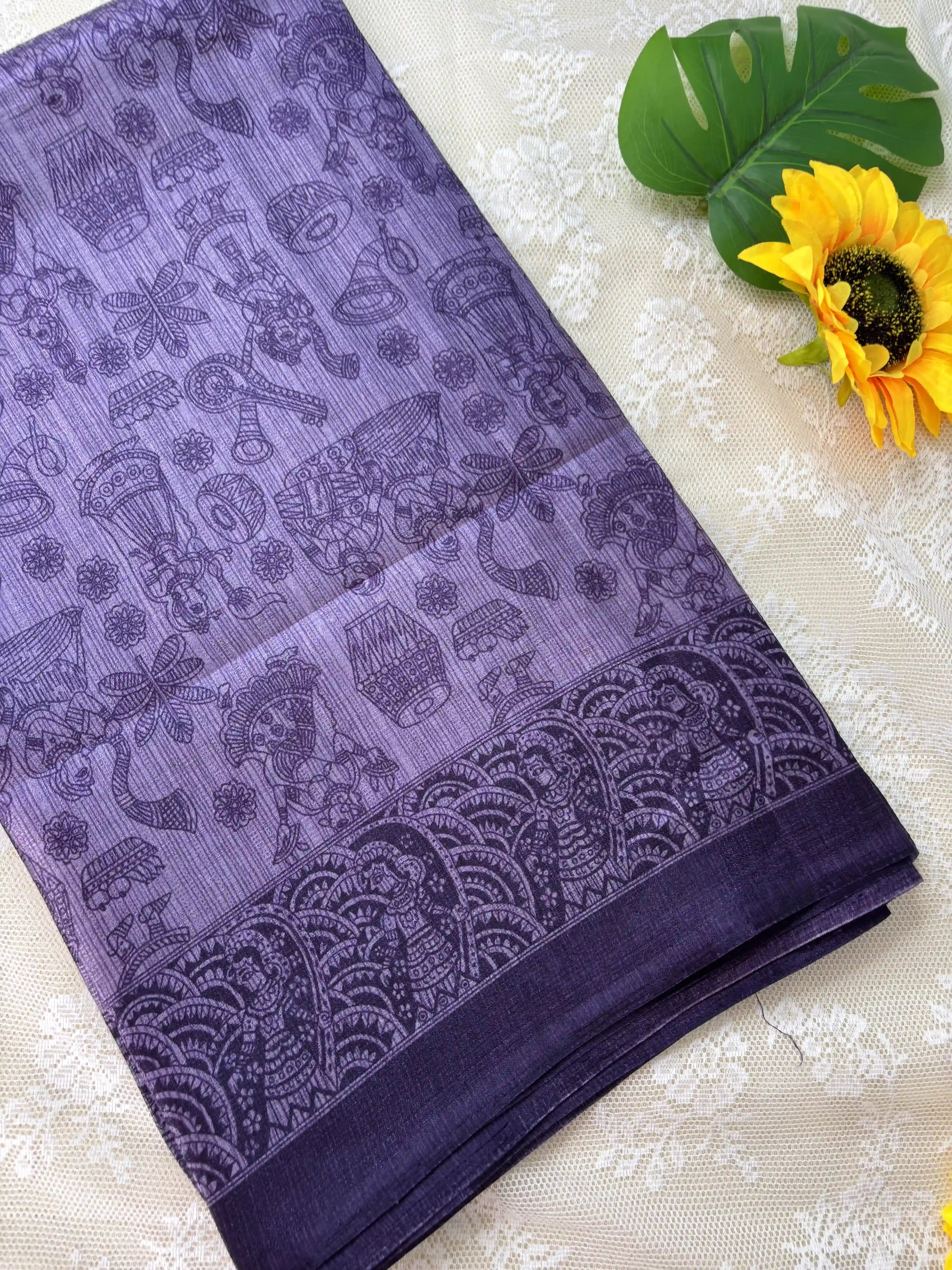 Purple Malabar Silk Saree with Warli Print Body and Marble pattern Border and pallu