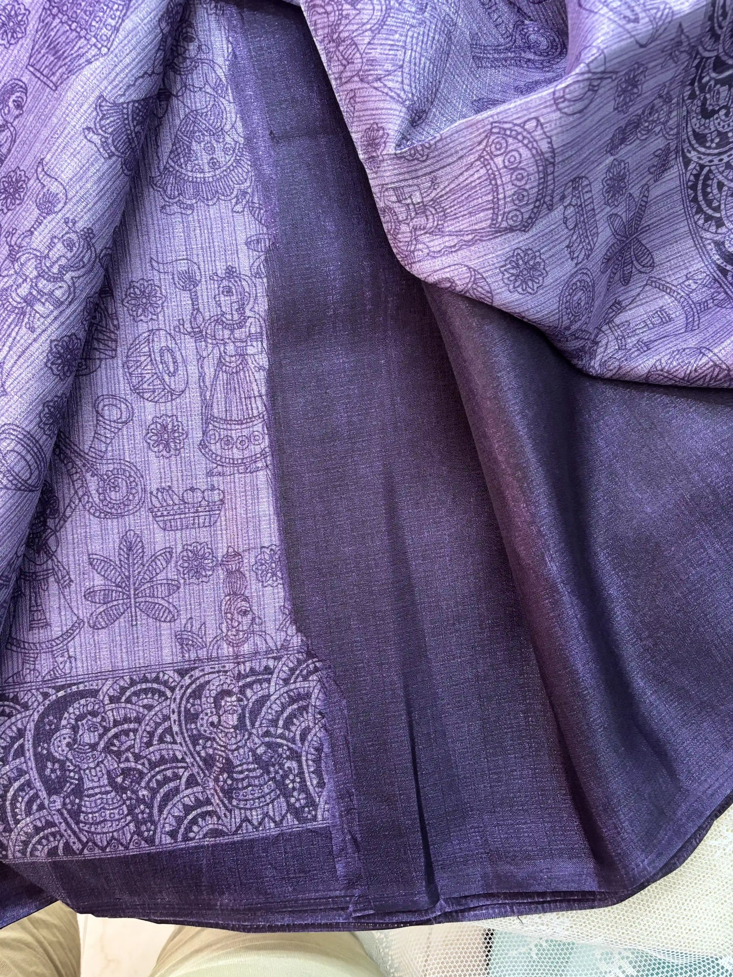 Purple Malabar Silk Saree with Warli Print Body and Marble pattern Border and pallu
