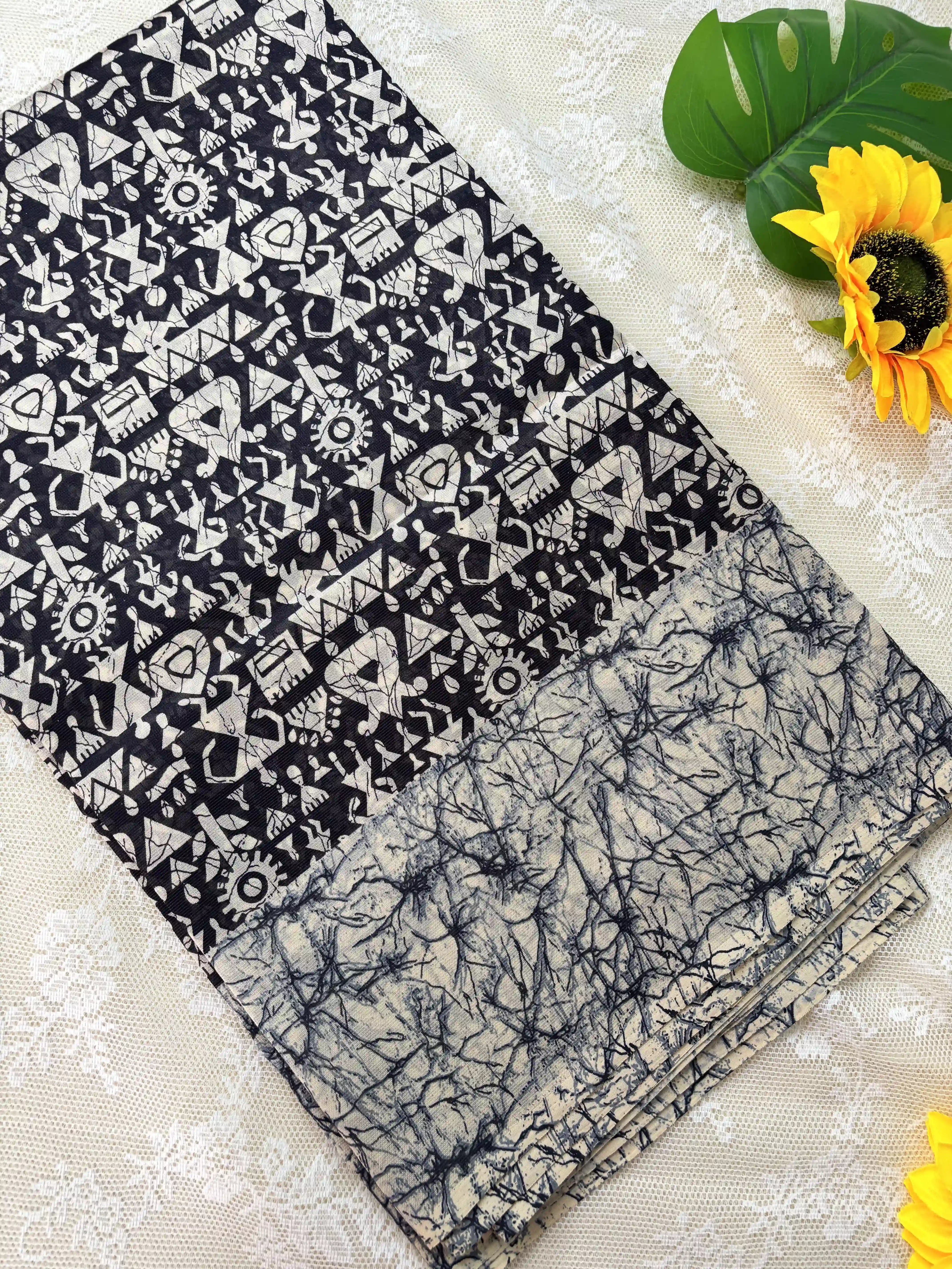 Black Malabar Silk Saree with Warli Print Body and Marble pattern Border and pallu