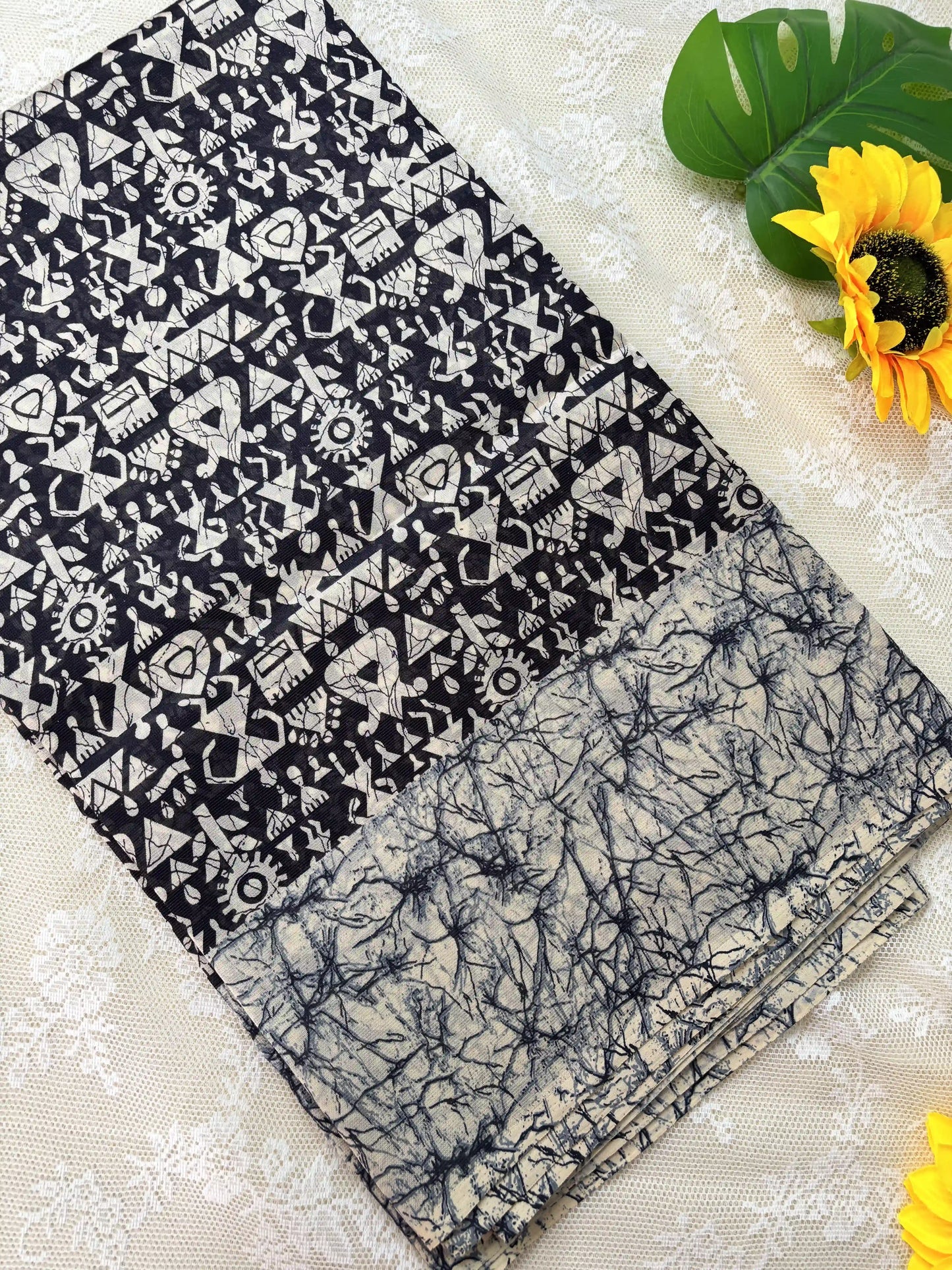 Black Malabar Silk Saree with Warli Print Body and Marble pattern Border and pallu