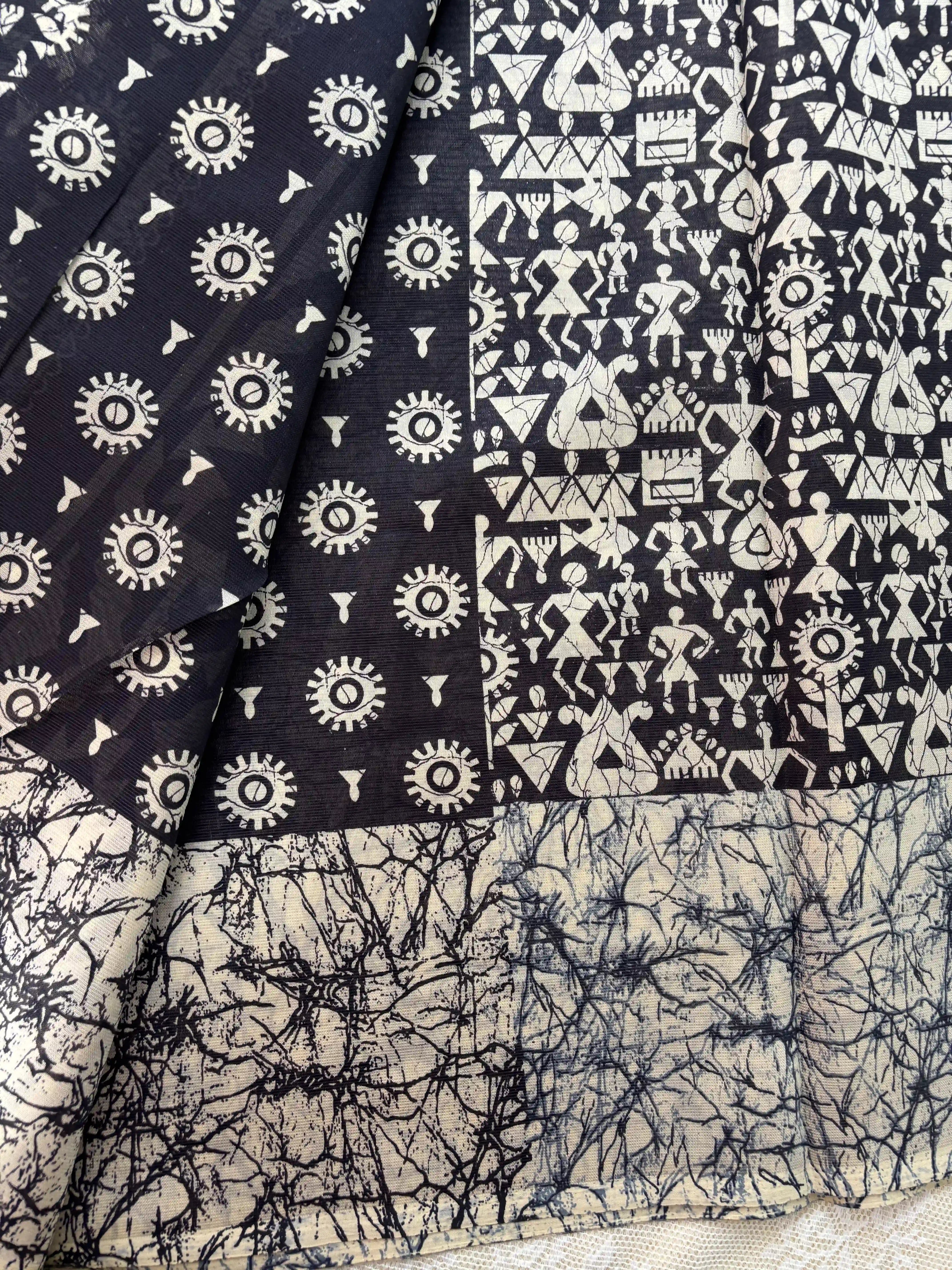 Black Malabar Silk Saree with Warli Print Body and Marble pattern Border and pallu