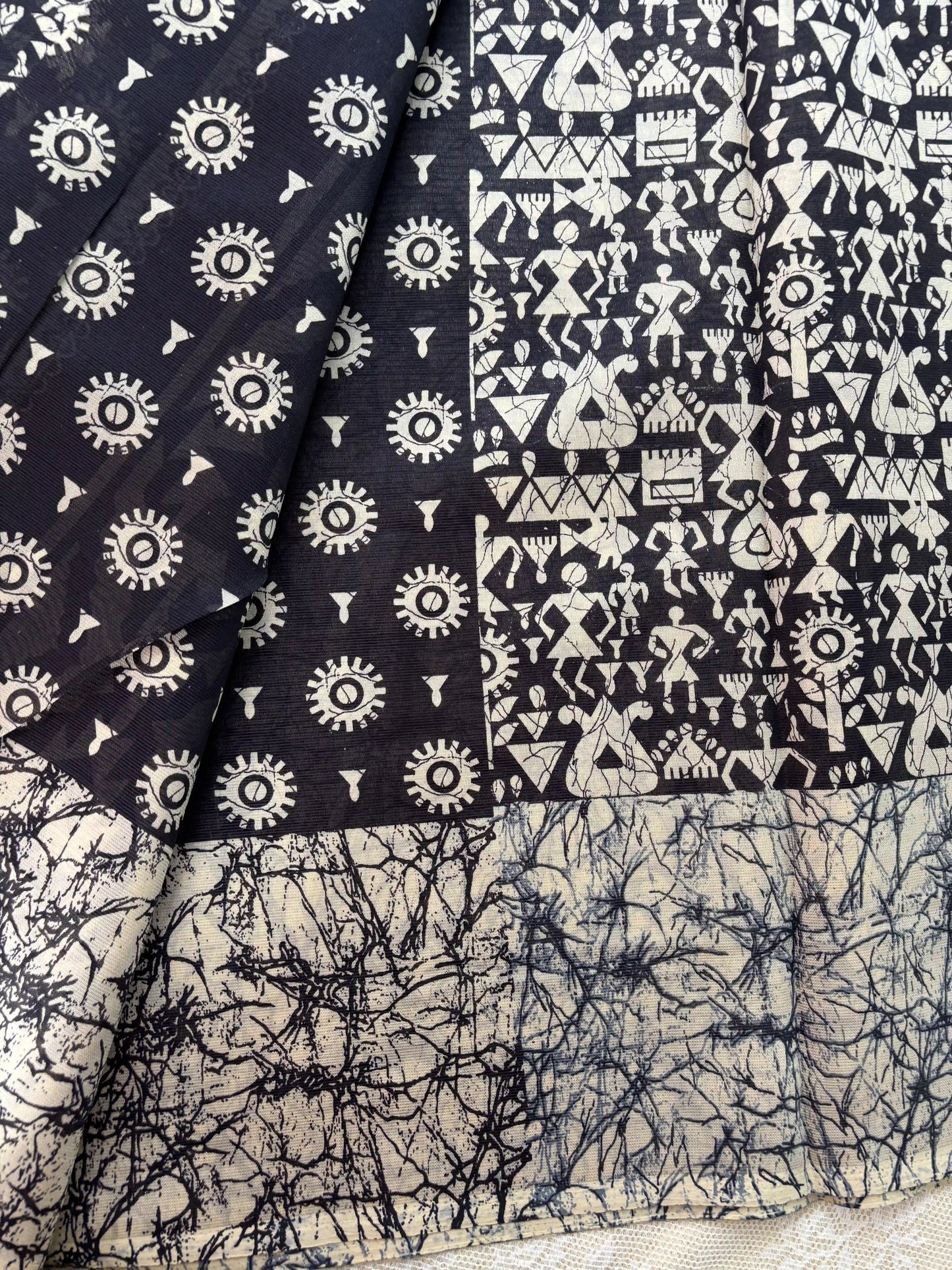 Black Malabar Silk Saree with Warli Print Body and Marble pattern Border and pallu