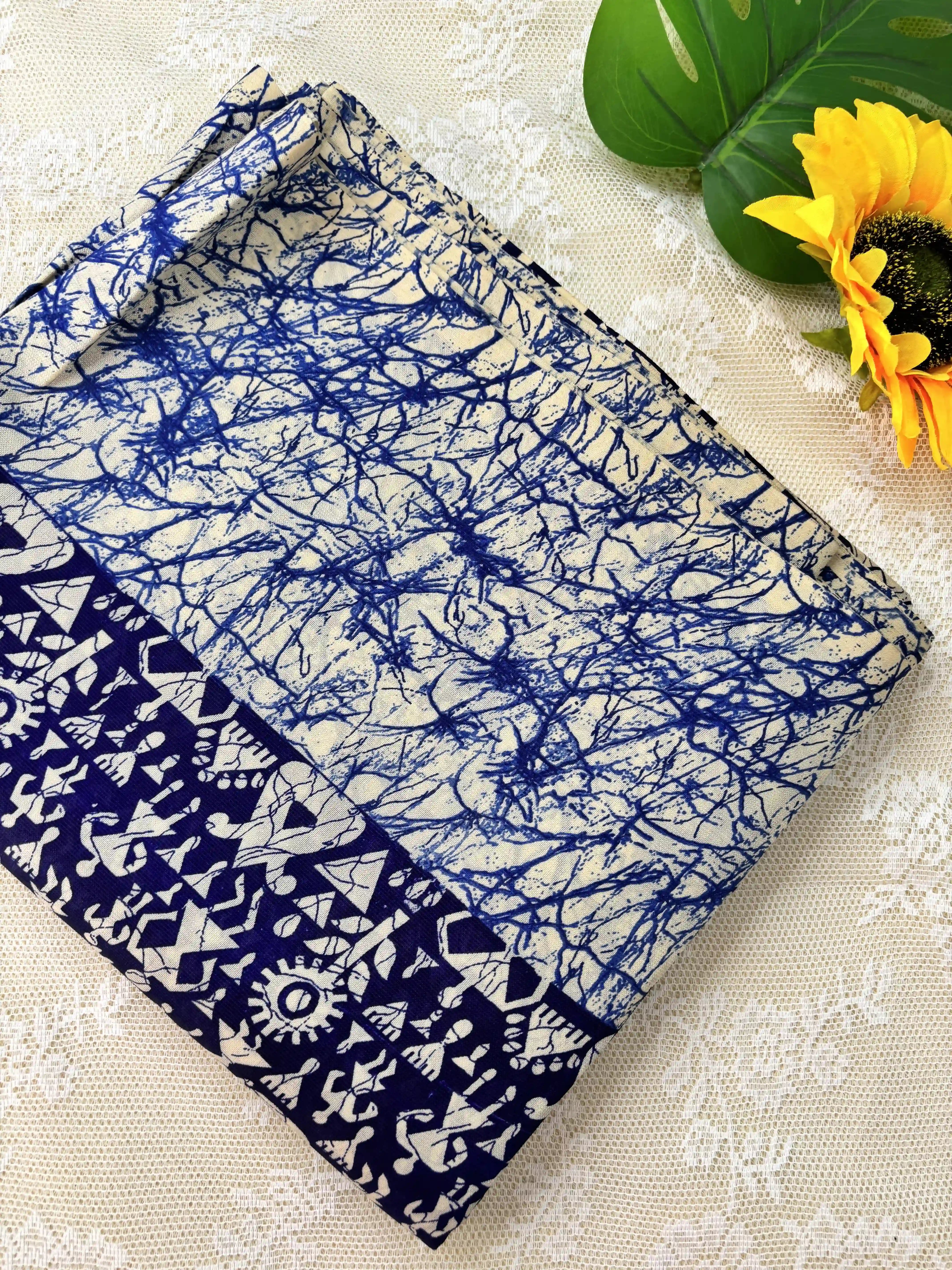 Blue Malabar Silk Saree with Warli Print Body and Marble pattern Border and pallu