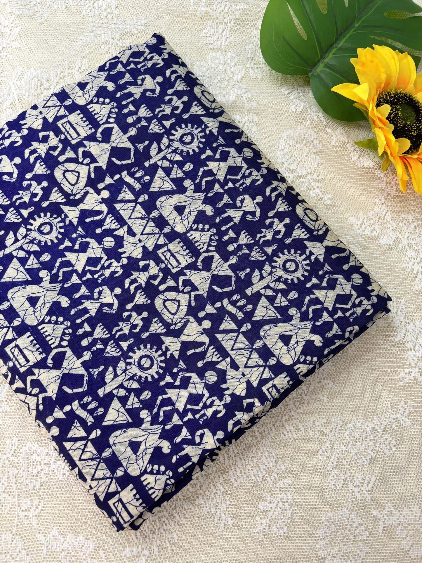 Blue Malabar Silk Saree with Warli Print Body and Marble pattern Border and pallu