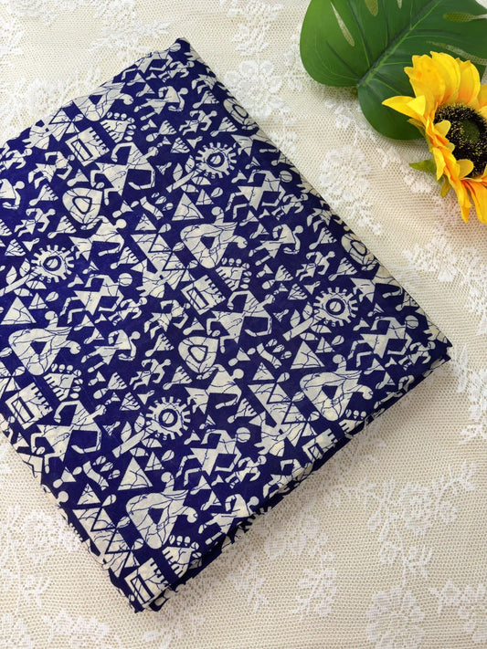 Blue Malabar Silk Saree with Warli Print Body and Marble pattern Border and pallu