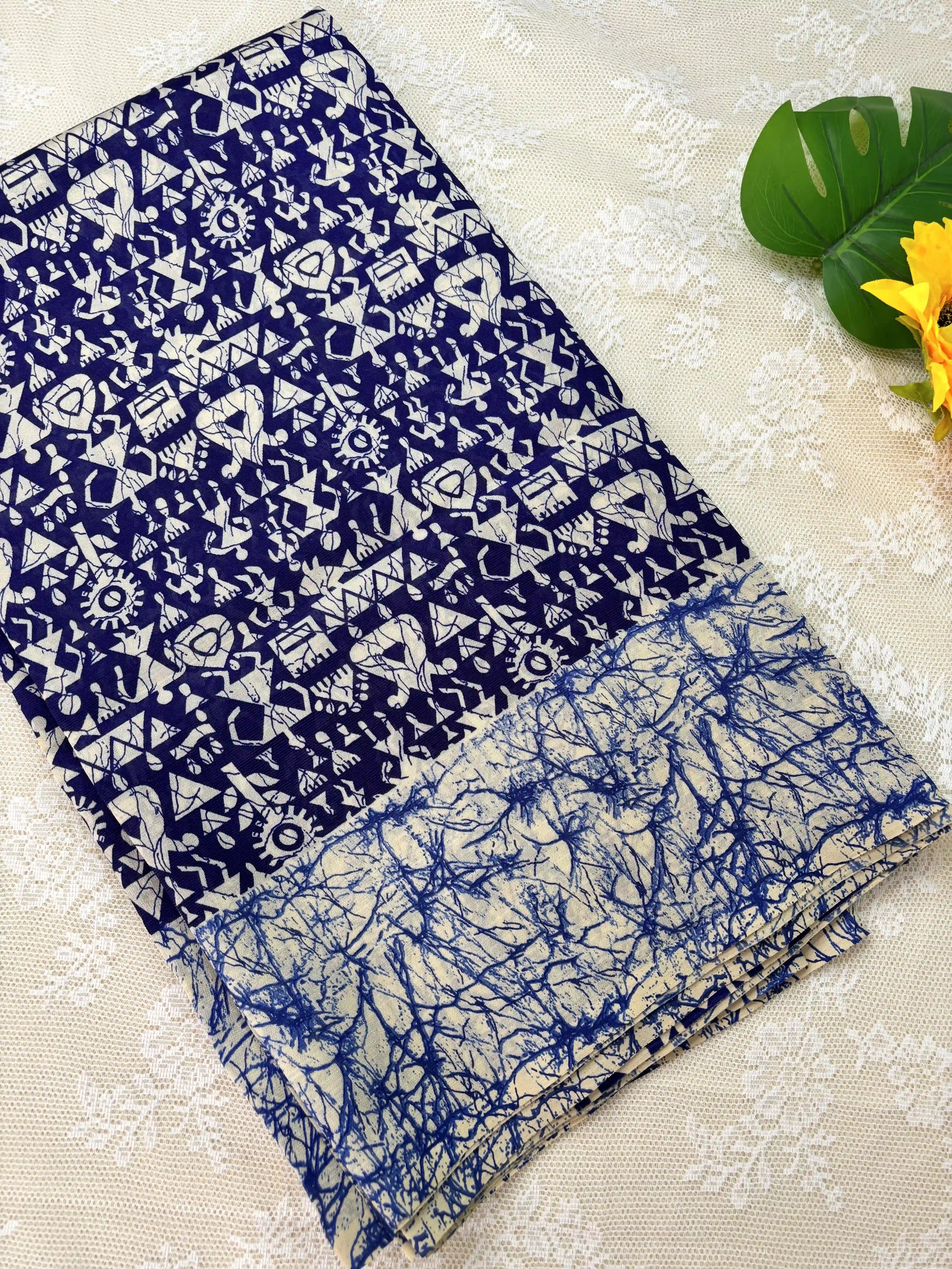 Blue Malabar Silk Saree with Warli Print Body and Marble pattern Border and pallu