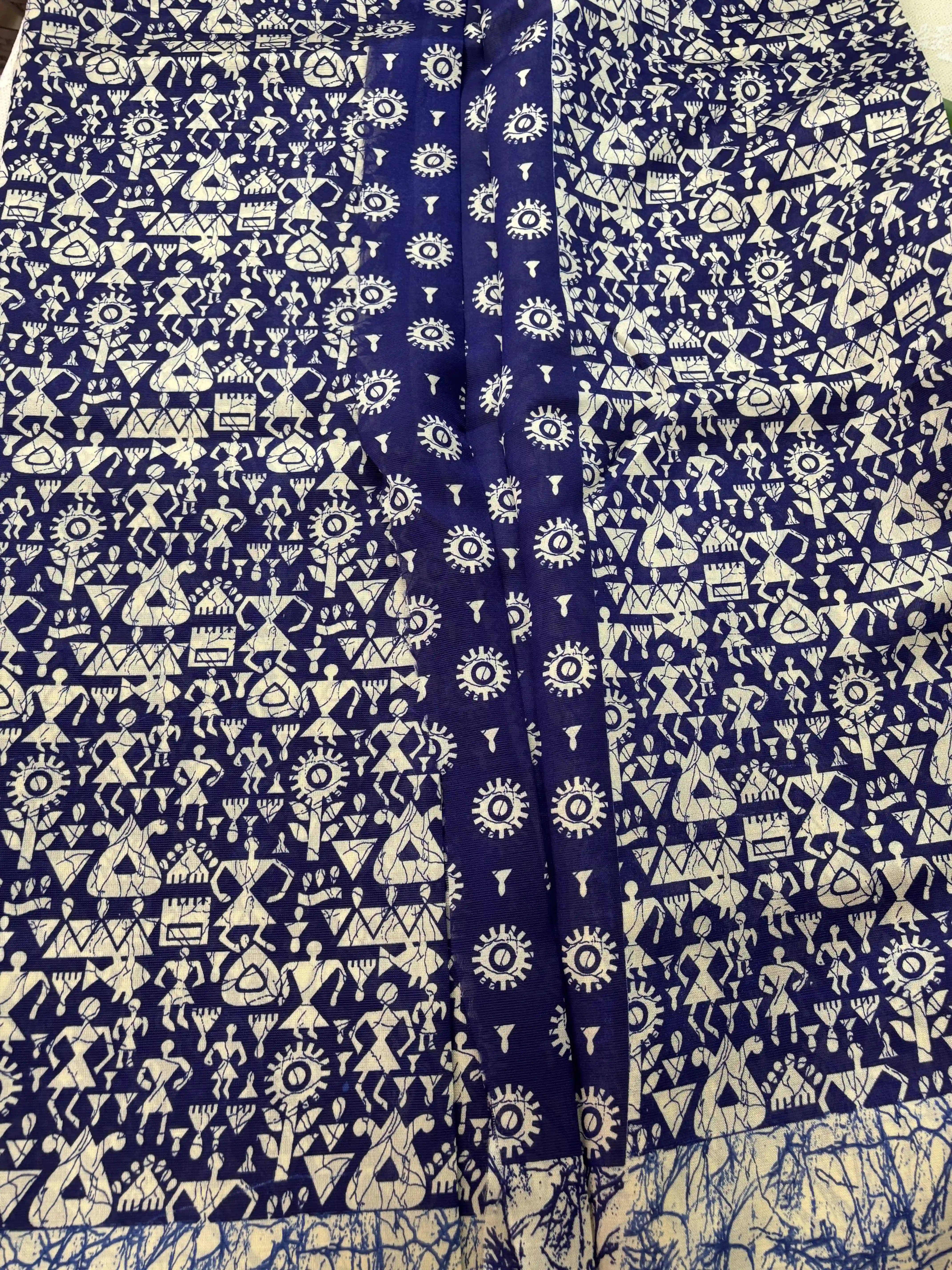 Blue Malabar Silk Saree with Warli Print Body and Marble pattern Border and pallu