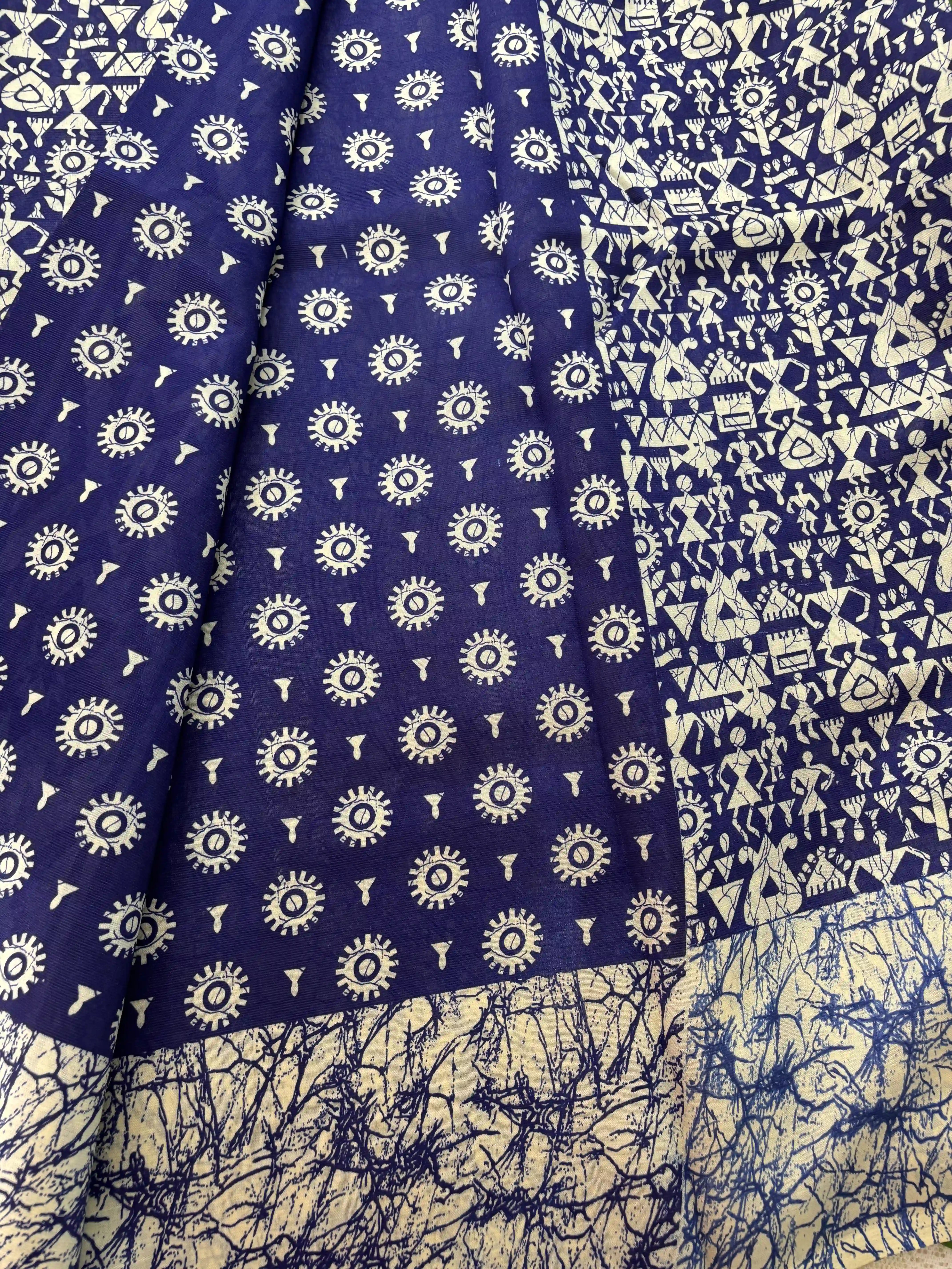 Blue Malabar Silk Saree with Warli Print Body and Marble pattern Border and pallu