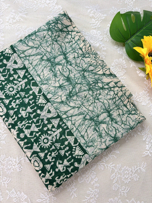 Green Malabar Silk Saree with Warli Print Body and Marble pattern Border and pallu