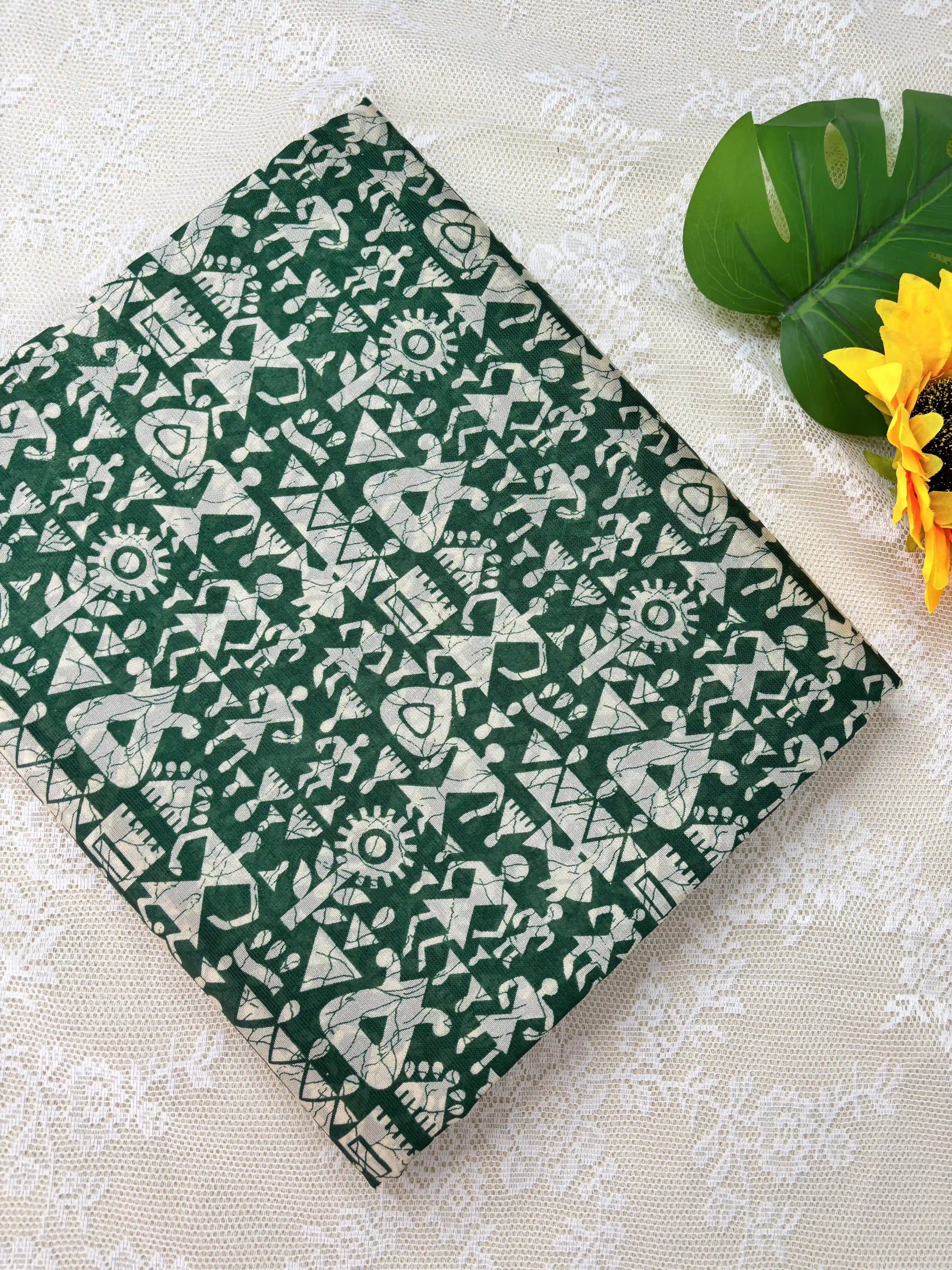 Green Malabar Silk Saree with Warli Print Body and Marble pattern Border and pallu