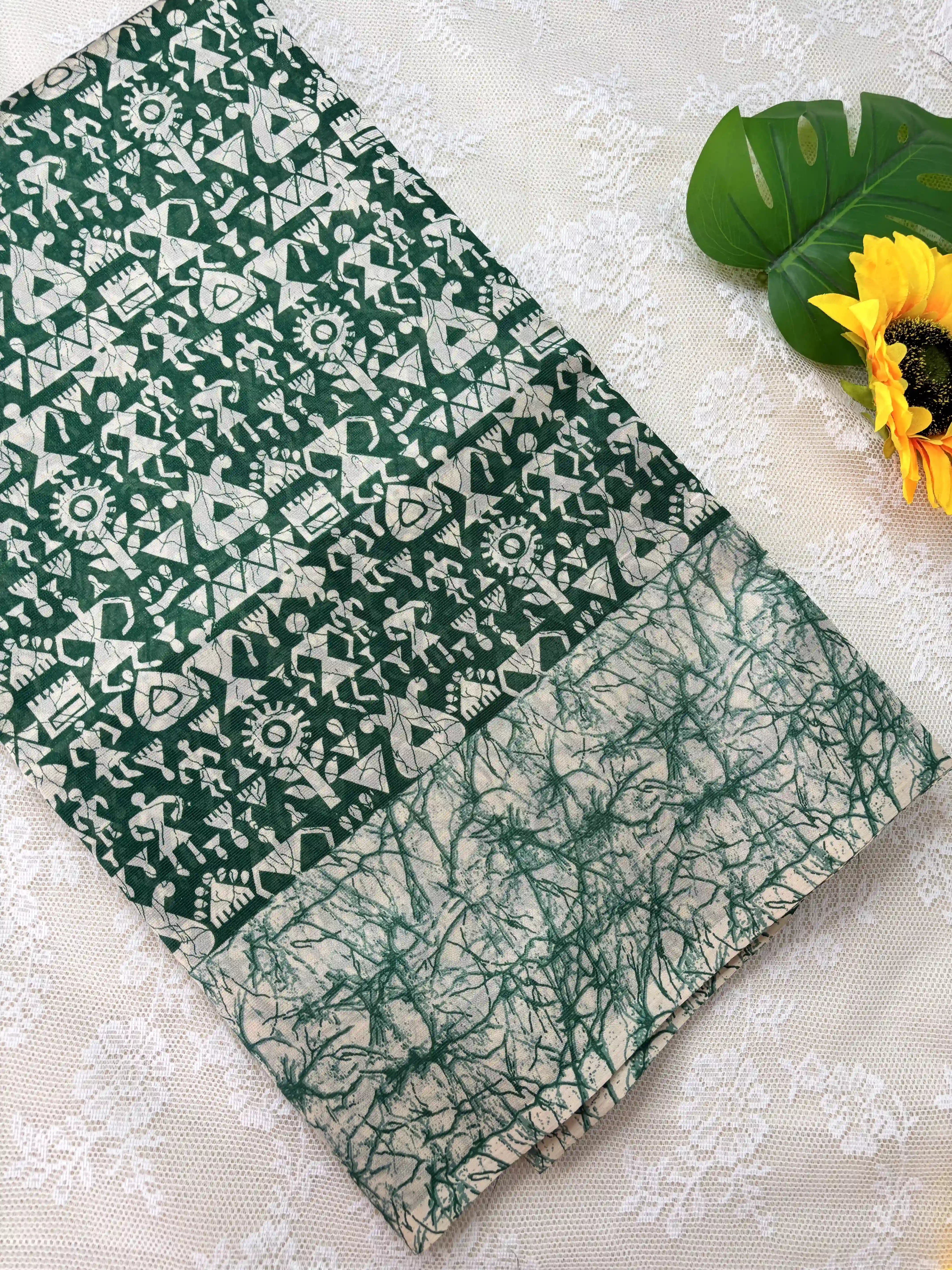 Green Malabar Silk Saree with Warli Print Body and Marble pattern Border and pallu