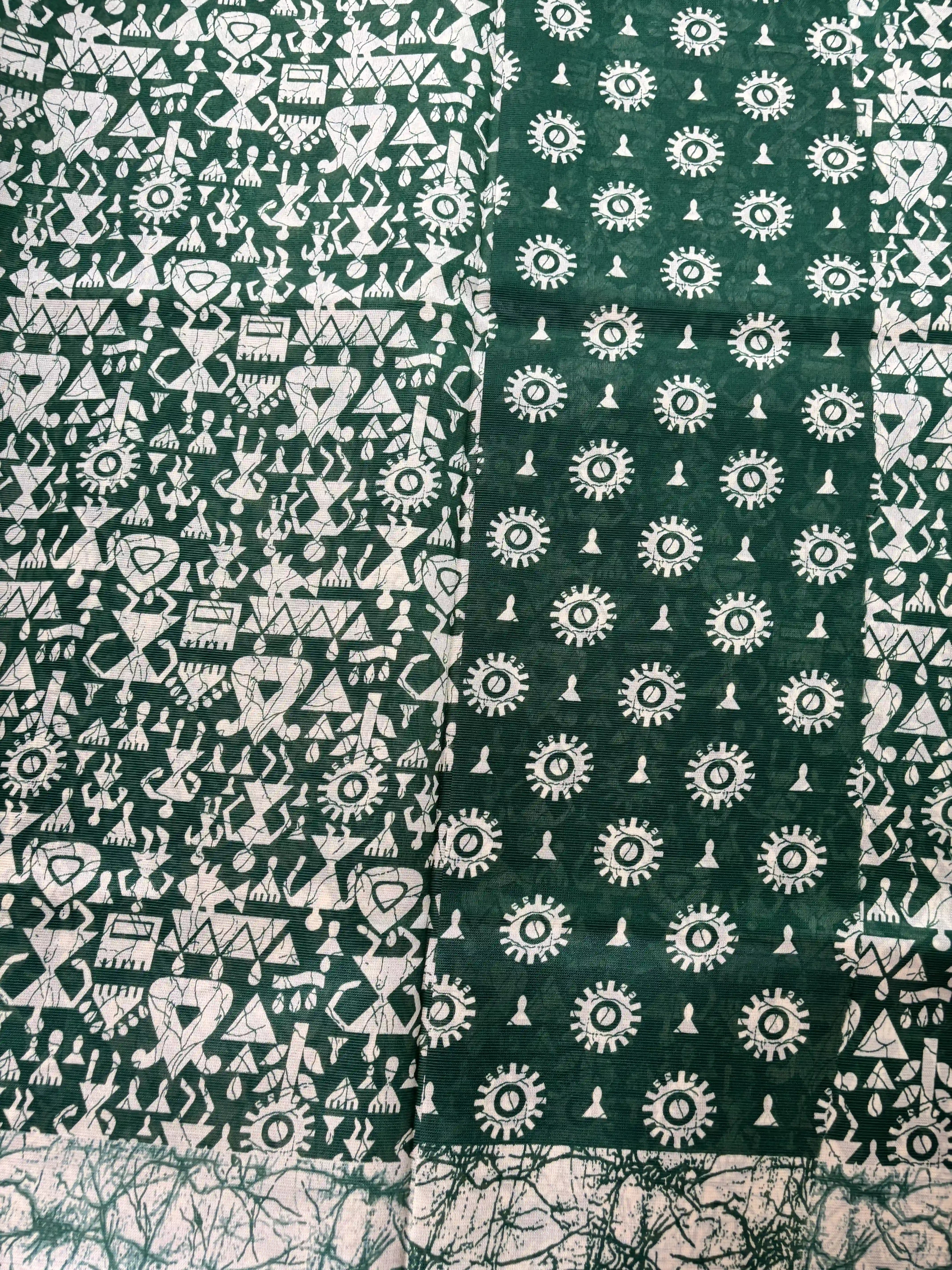 Green Malabar Silk Saree with Warli Print Body and Marble pattern Border and pallu
